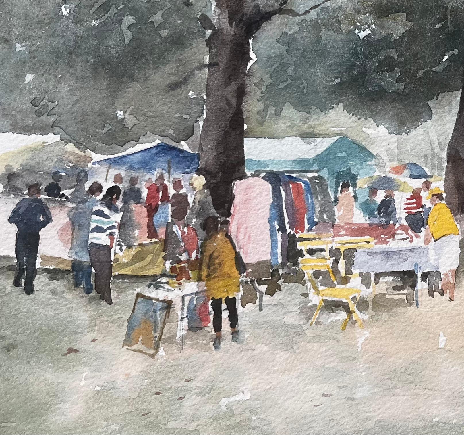 Borough Farm Fair Scene mit Marktständen und Bäumen Aquarellmalerei im Angebot 1