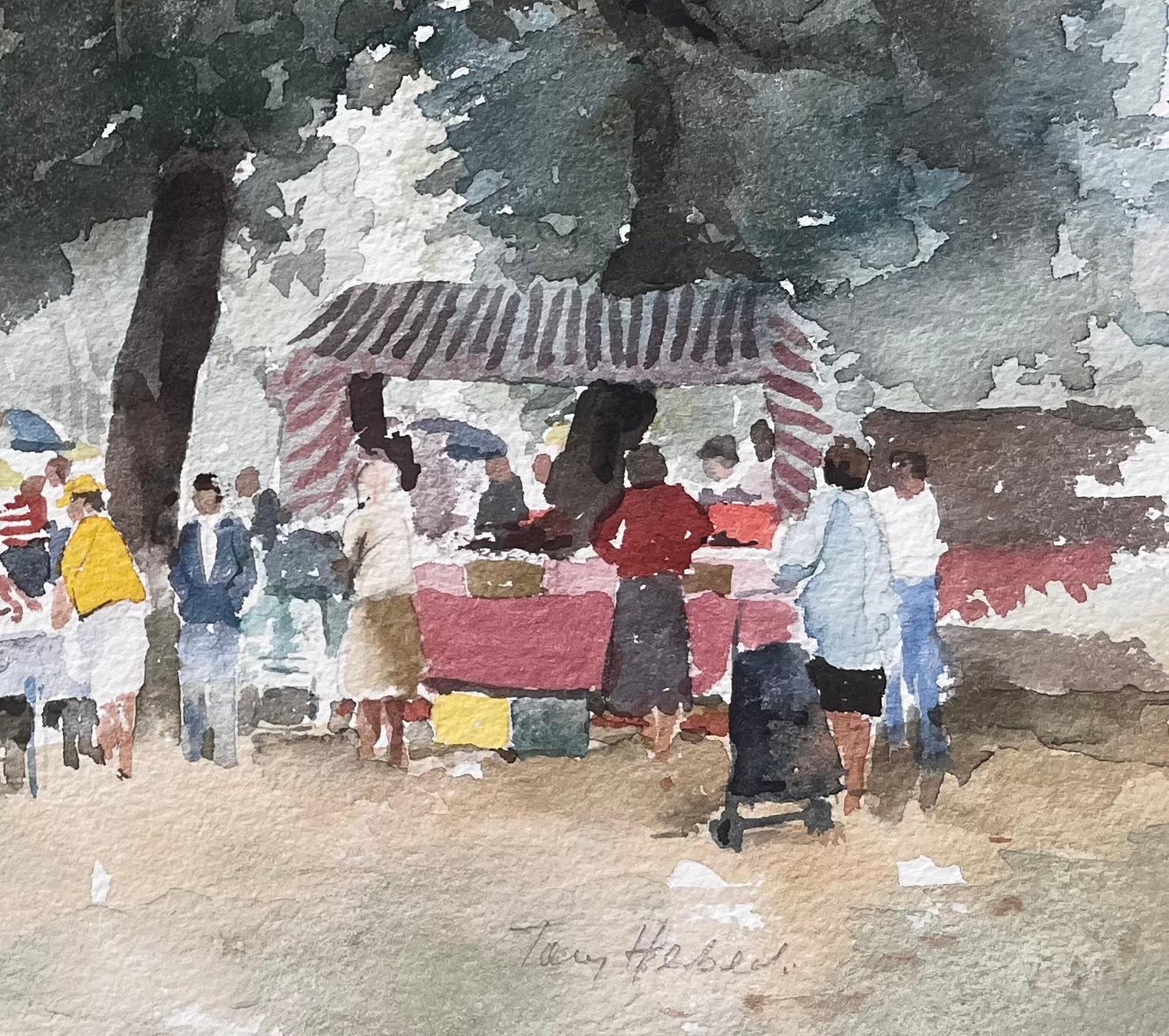 Borough Farm Fair Scene mit Marktständen und Bäumen Aquarellmalerei im Angebot 2
