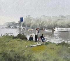 Boys Fishing on the Thames with Paddle Steamer and Bridge in Misty View