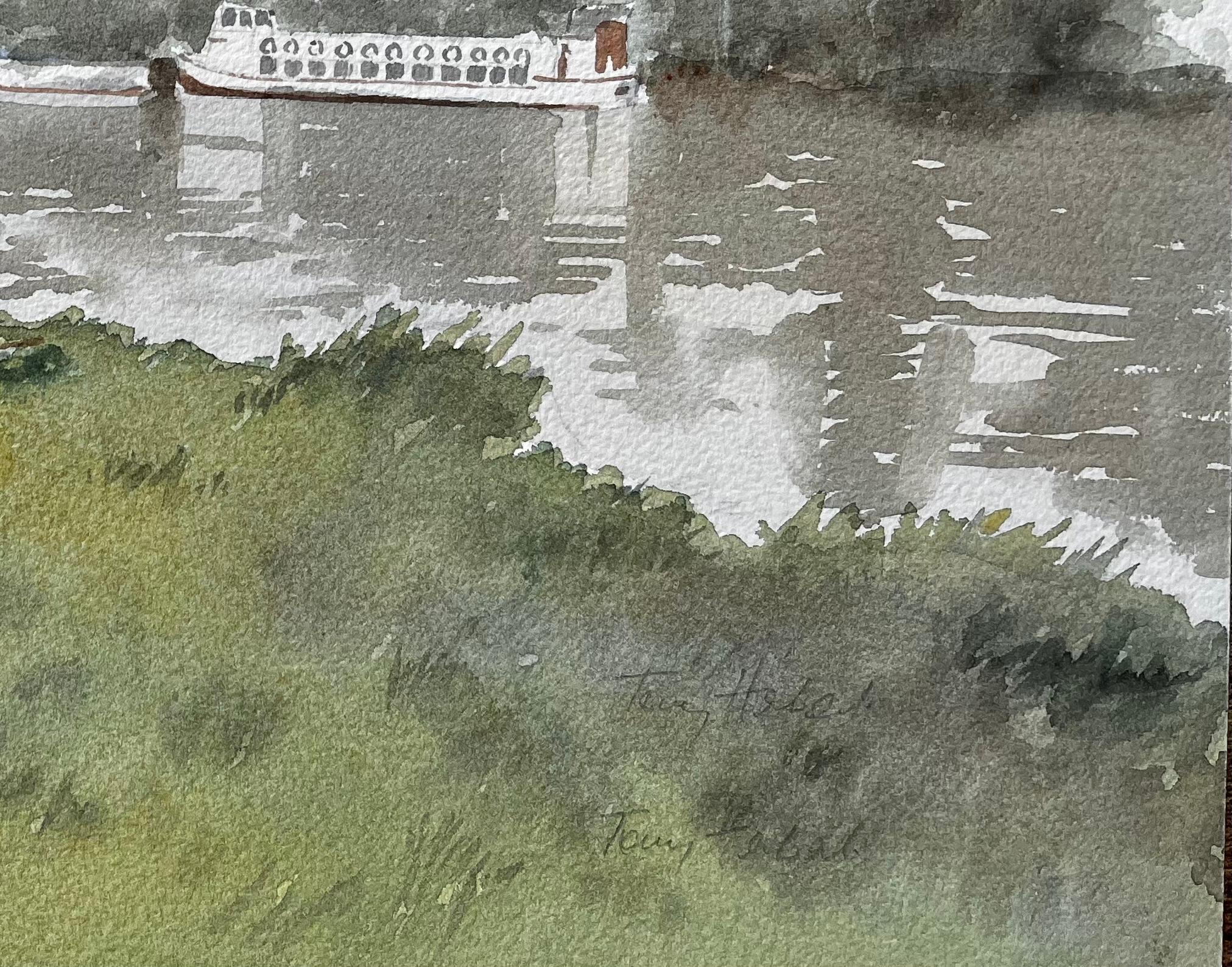 Jungen fischen auf der Themse mit Schaufelraddampfer und Brücke in nebliger Ansicht (Impressionismus), Painting, von Anthony Herbert