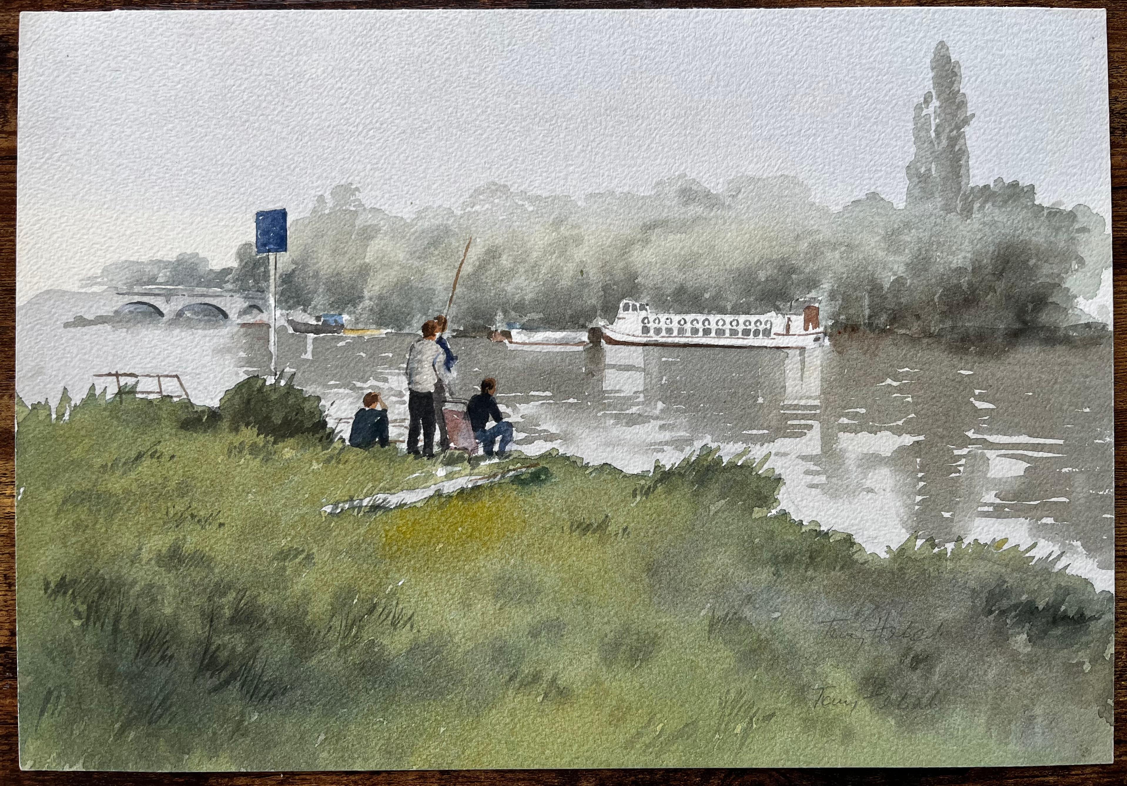 Jungen fischen auf der Themse mit Schaufelraddampfer und Brücke in nebliger Ansicht (Grau), Landscape Painting, von Anthony Herbert