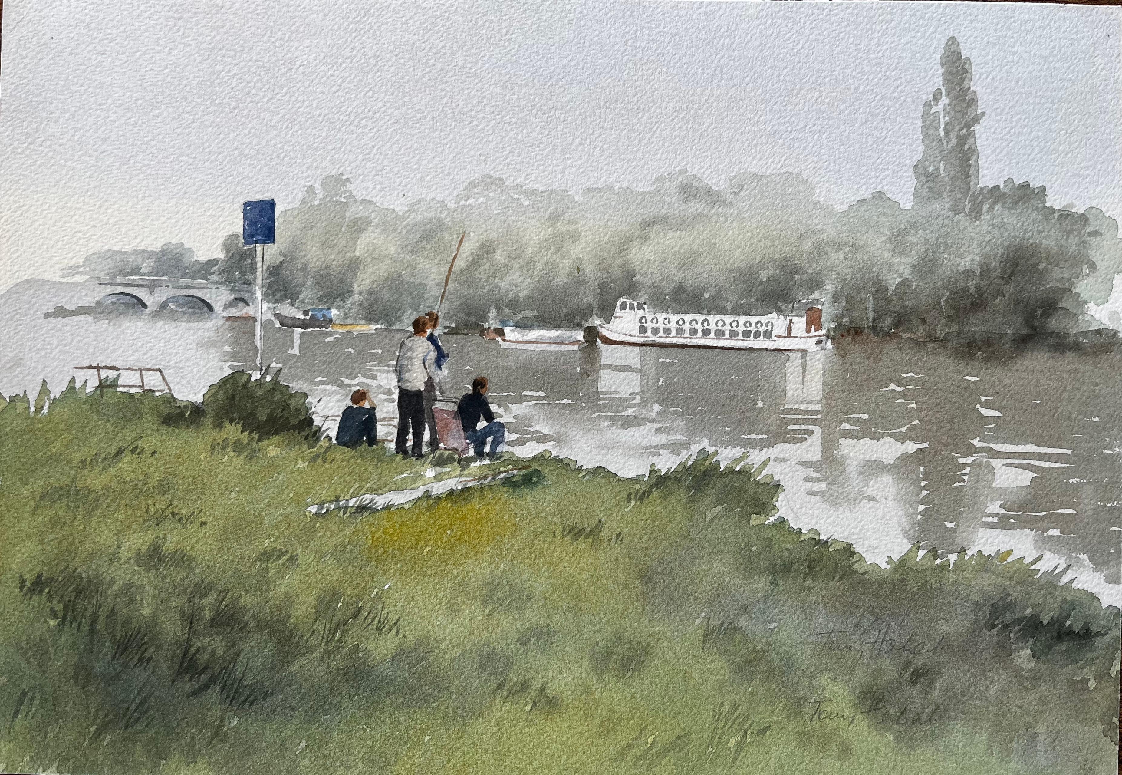 Anthony Herbert Landscape Painting – Jungen fischen auf der Themse mit Schaufelraddampfer und Brücke in nebliger Ansicht