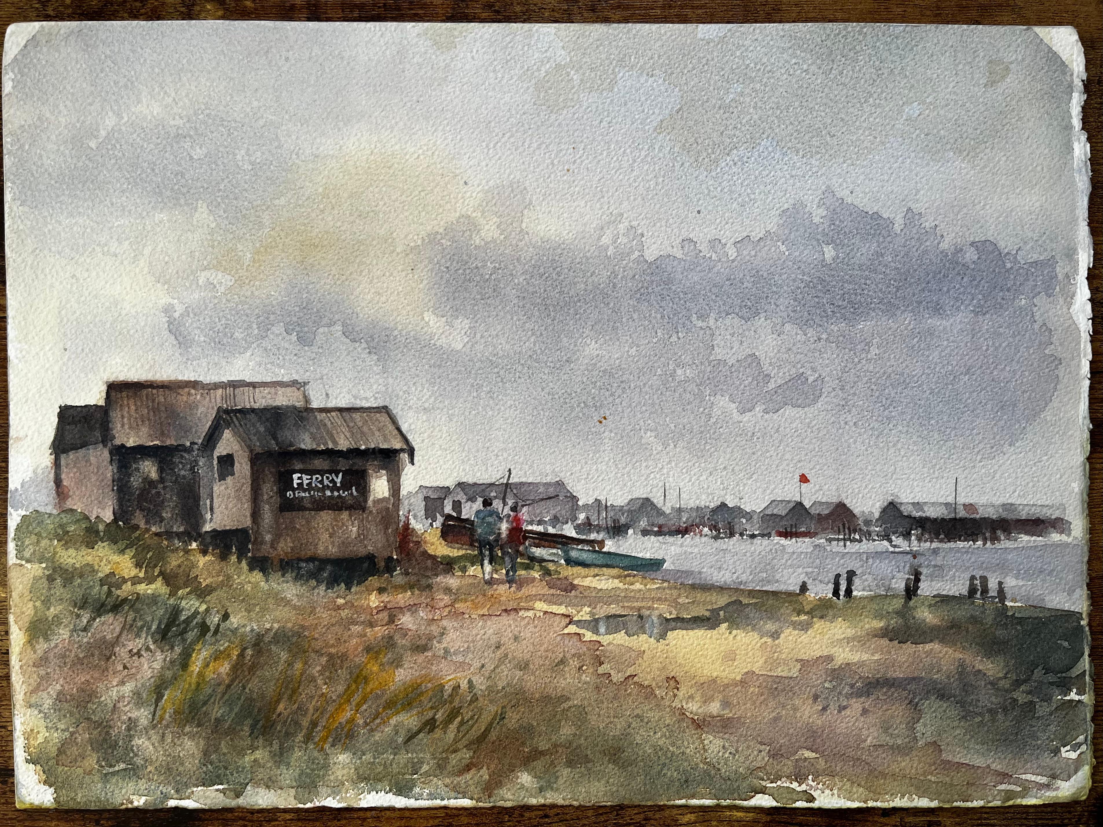 Peinture à l'aquarelle d'un estuaire britannique, d'une gare maritime et d'un port lointain avec des personnages - Painting de Anthony Herbert
