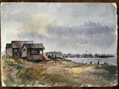 British Estuary Ferry Shed and Distant Harbour with Figures Watercolour Painting