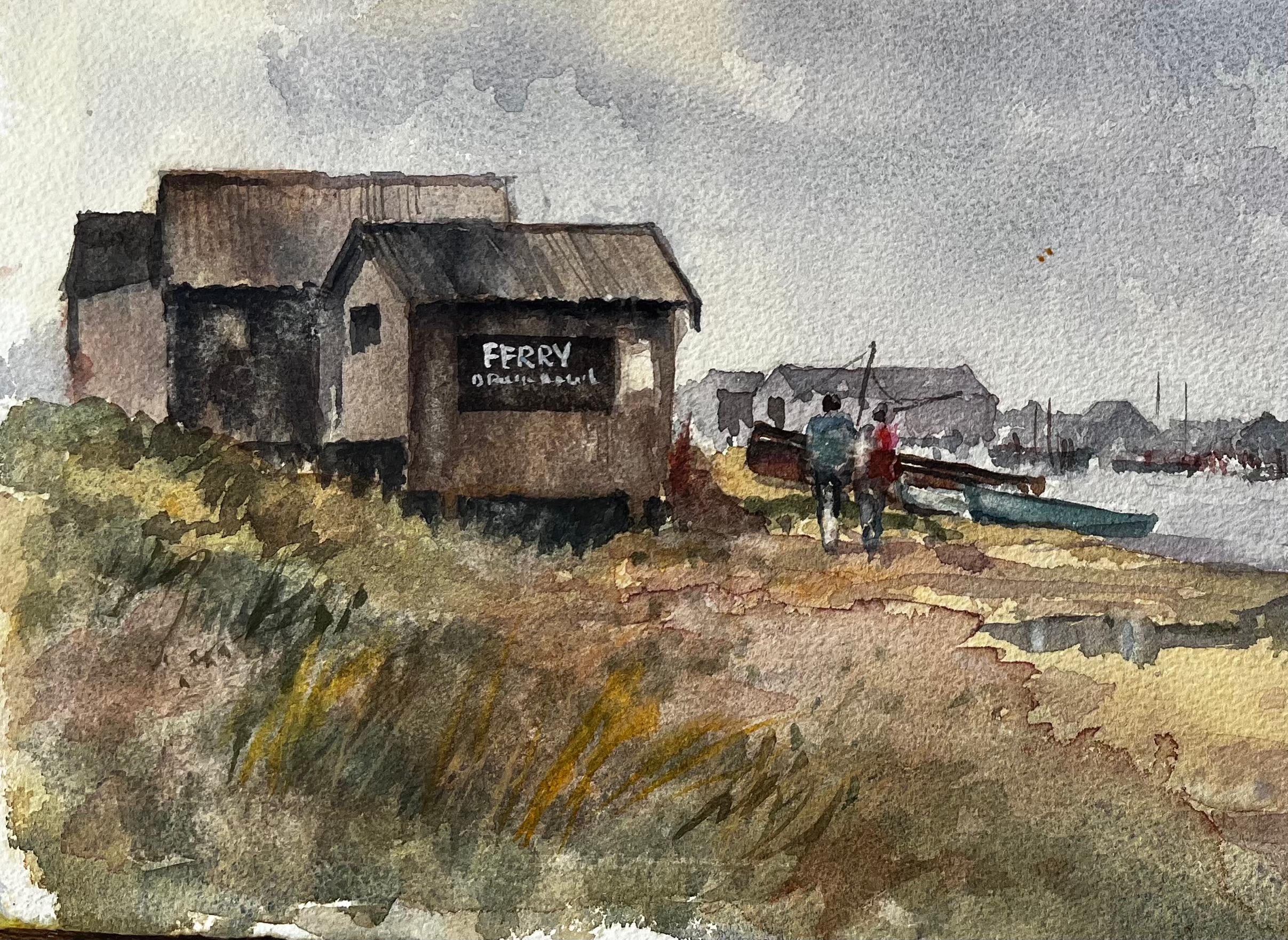 Peinture à l'aquarelle d'un estuaire britannique, d'une gare maritime et d'un port lointain avec des personnages - Impressionnisme Painting par Anthony Herbert