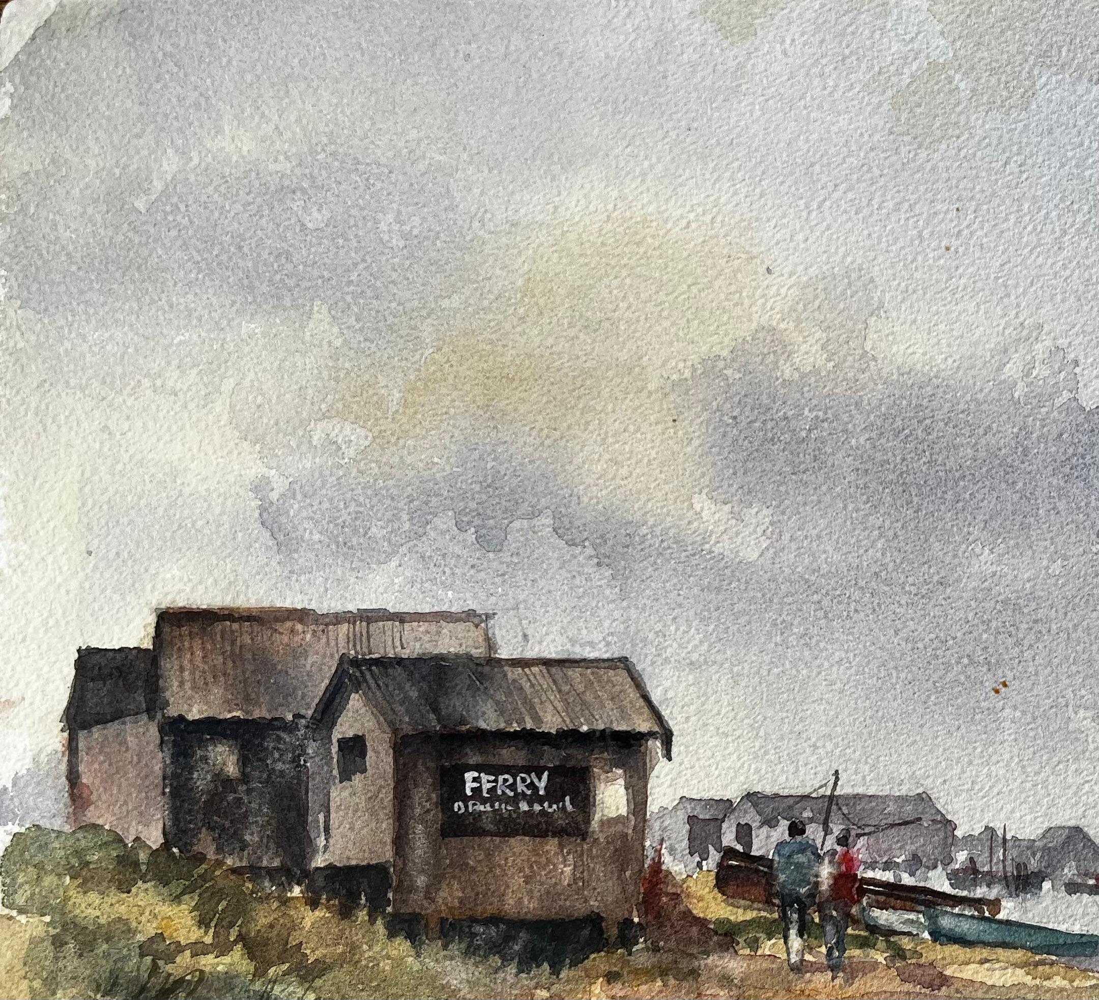 Peinture à l'aquarelle d'un estuaire britannique, d'une gare maritime et d'un port lointain avec des personnages - Gris Landscape Painting par Anthony Herbert