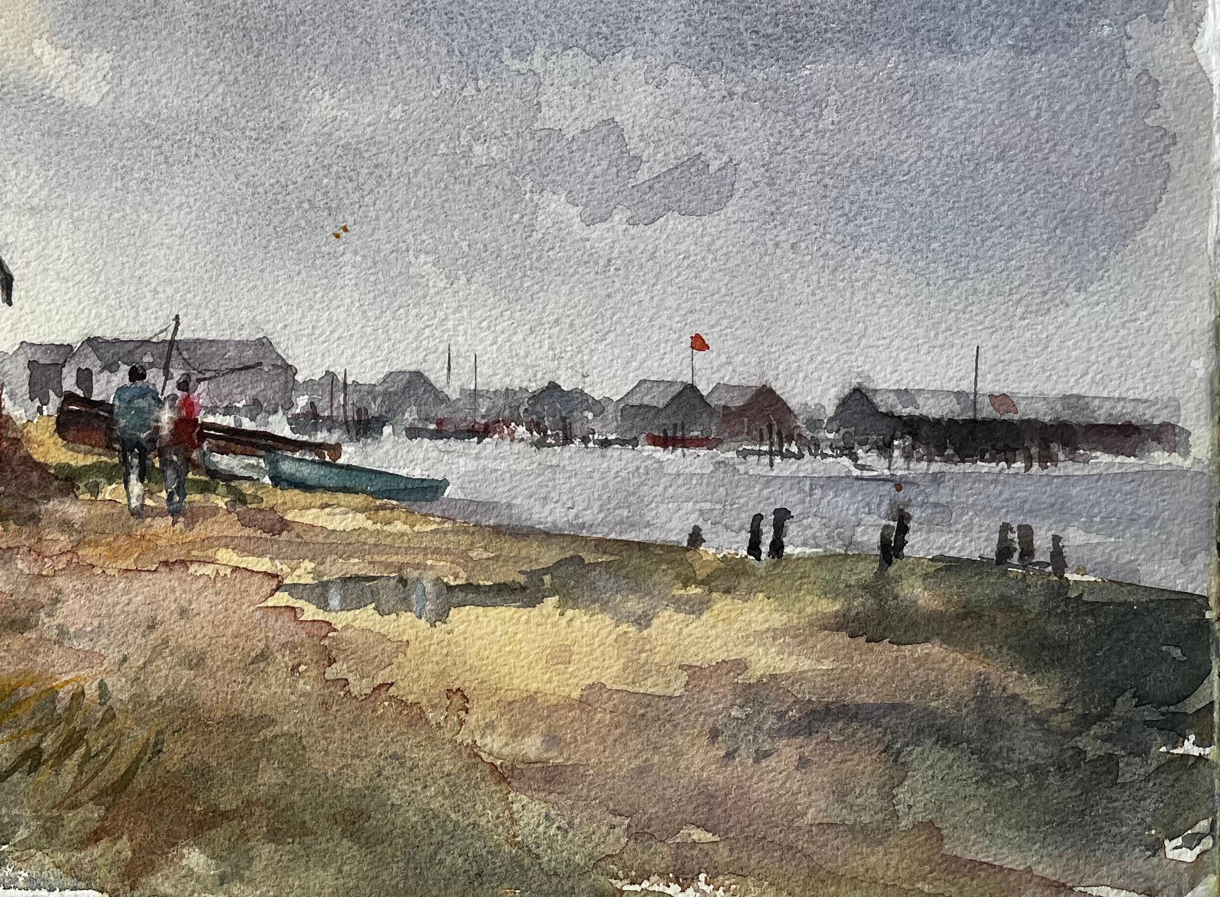 Titre : Estuaire britannique, hangar à ferries et port lointain avec personnages Peinture à l'aquarelle
Par Tony Herbert (1927-2024)
Moyen d'expression : Aquarelle sur papier d'artiste
Taille : 11 x 15 pouces
Condit : Bon dans l'ensemble ; usure