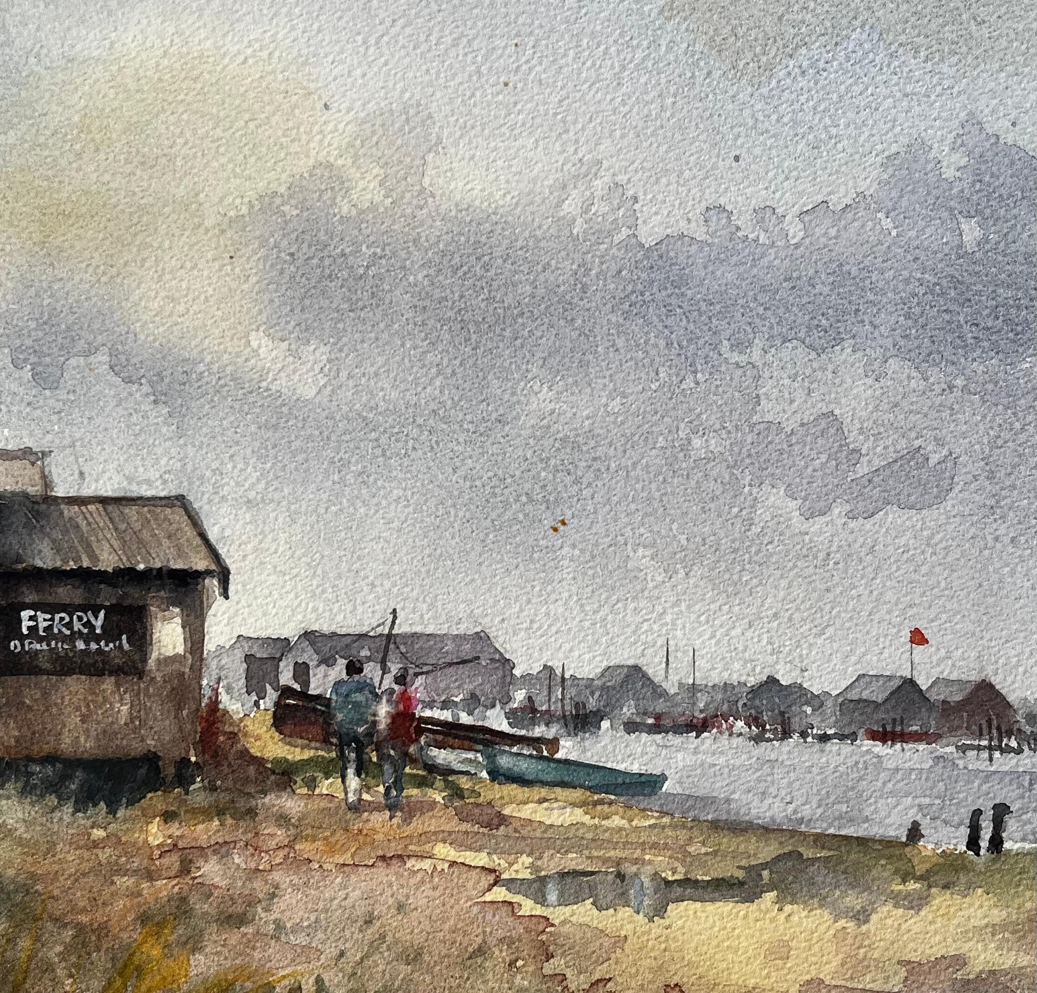 Peinture à l'aquarelle d'un estuaire britannique, d'une gare maritime et d'un port lointain avec des personnages en vente 1