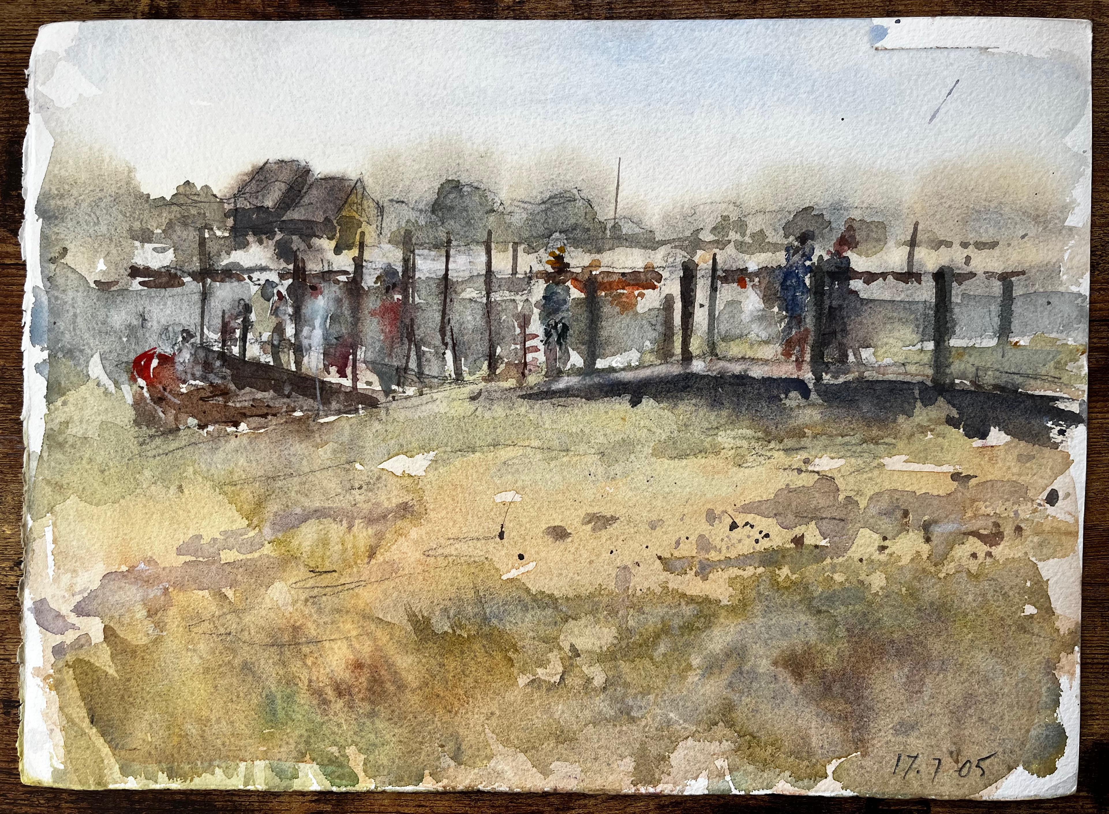 Peinture à l'aquarelle d'un estuaire britannique, d'une gare maritime et d'un port lointain avec des personnages en vente 2