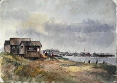 Britische Mündung Fährhaus und entfernten Hafen mit Figuren Aquarell Malerei