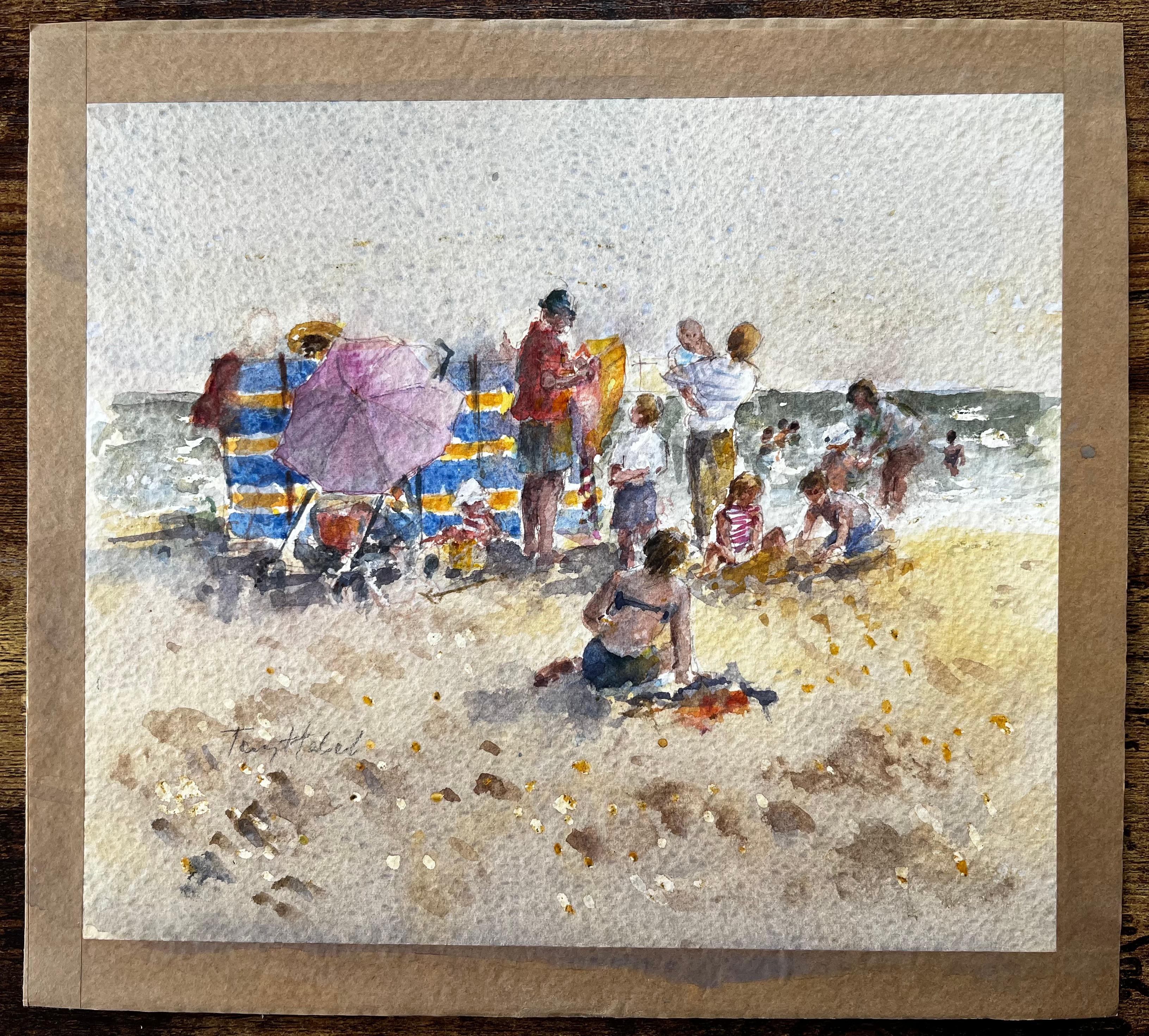 British Seaside Family Beach Scene with Windbreak and Umbrella by Tony Herbert - Art by Anthony Herbert