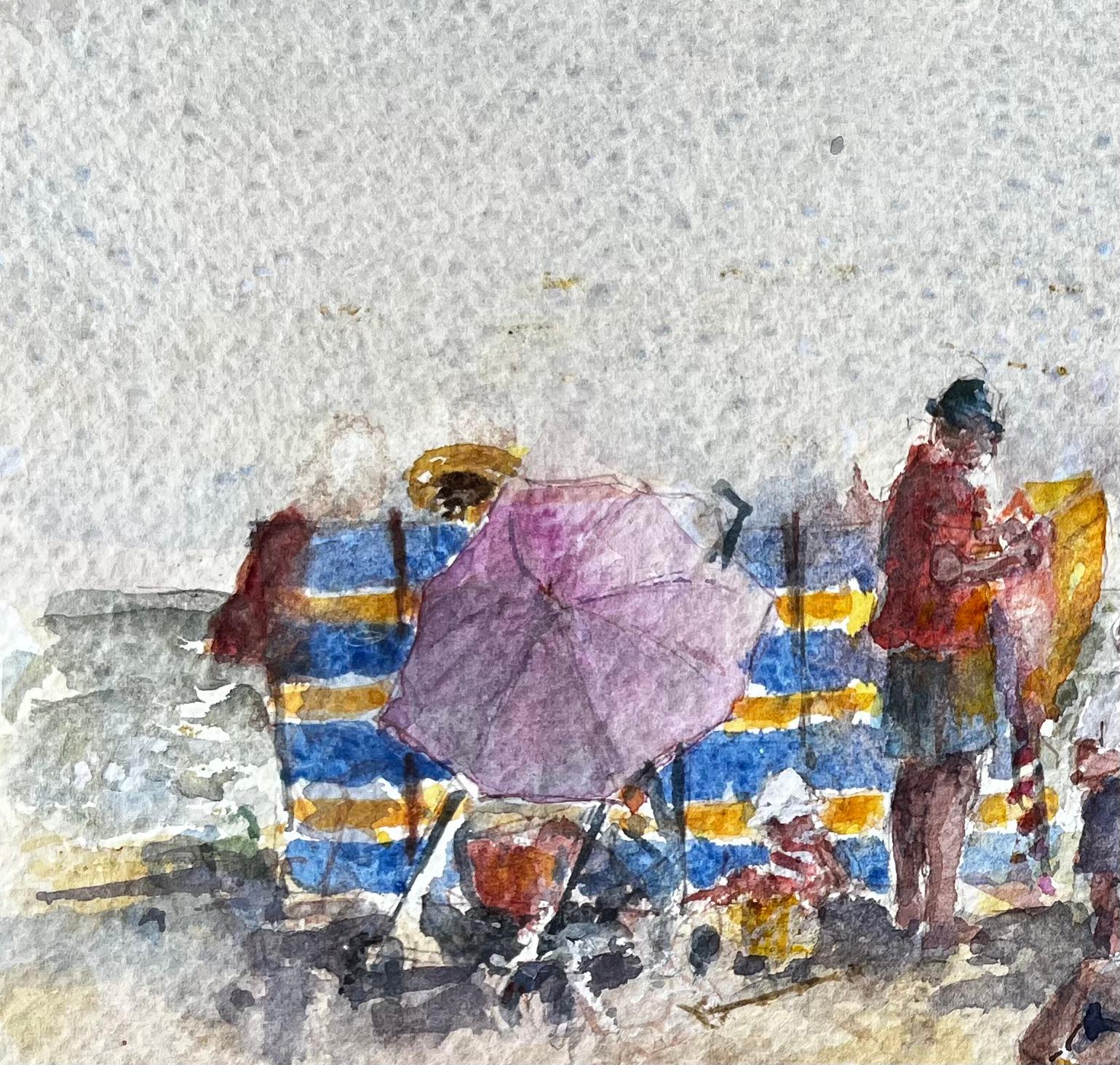 British Seaside Family Beach Scene with Windbreak and Umbrella by Tony Herbert - Impressionist Art by Anthony Herbert