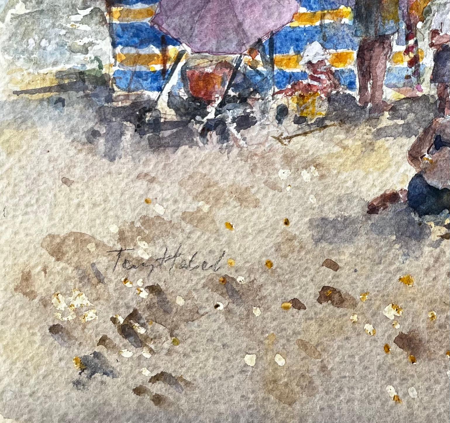 British Seaside Family Beach Scene with Windbreak and Umbrella by Tony Herbert For Sale 1