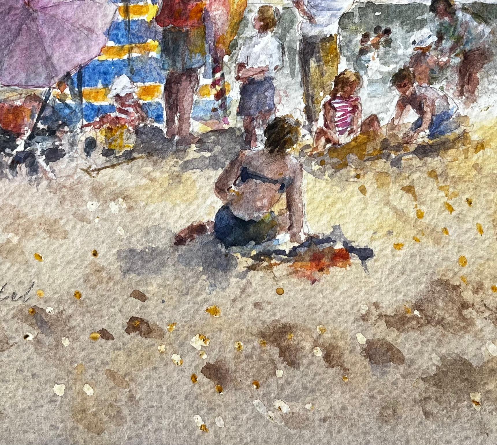 British Seaside Family Beach Scene with Windbreak and Umbrella by Tony Herbert For Sale 2