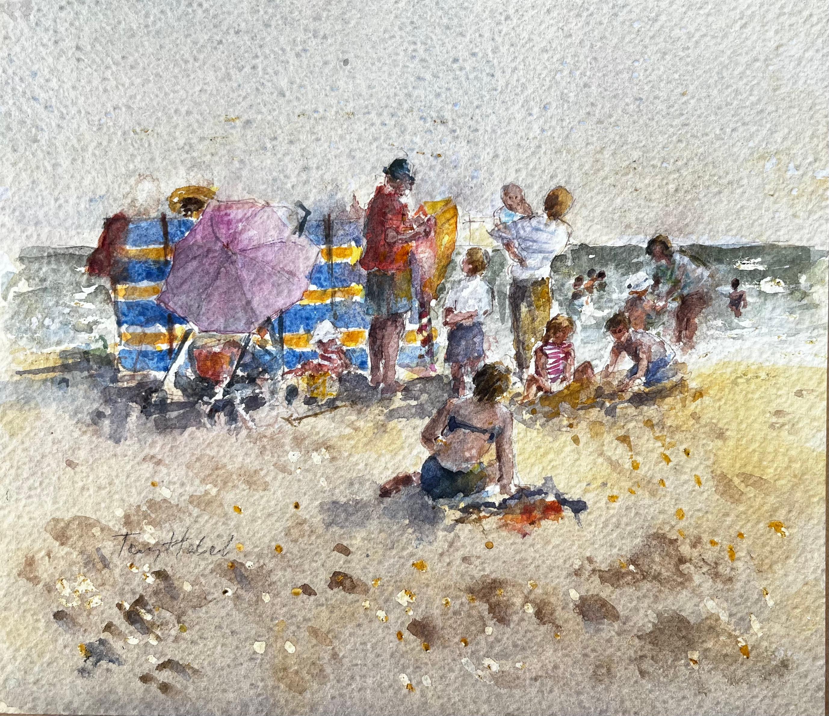 Anthony Herbert Landscape Art - British Seaside Family Beach Scene with Windbreak and Umbrella by Tony Herbert