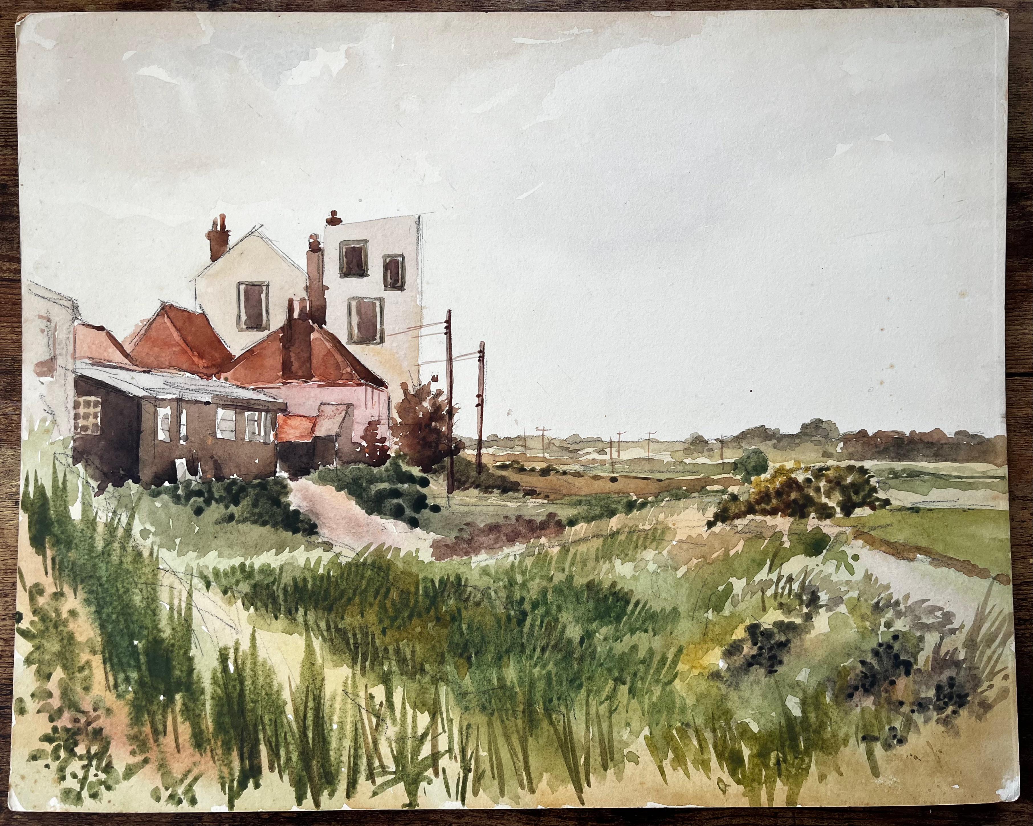 Britischer Dorfrand Häuser mit roten Dächern und ländlicher Weg Aquarell-Landschaft – Painting von Anthony Herbert