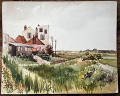 British Village Edge Red Roof Houses and Rural Track Watercolour Landscape
