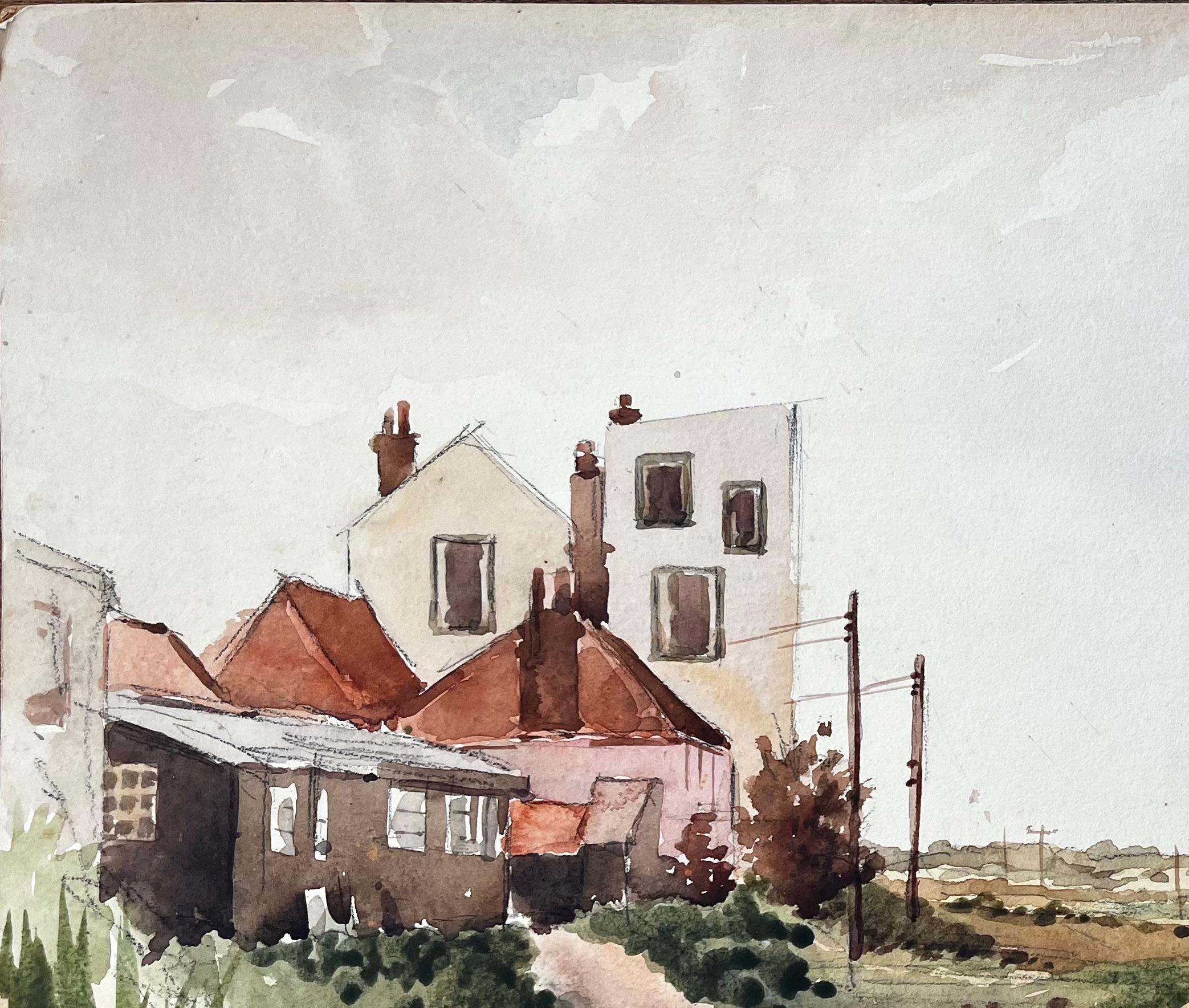 Britischer Dorfrand Häuser mit roten Dächern und ländlicher Weg Aquarell-Landschaft (Impressionismus), Painting, von Anthony Herbert