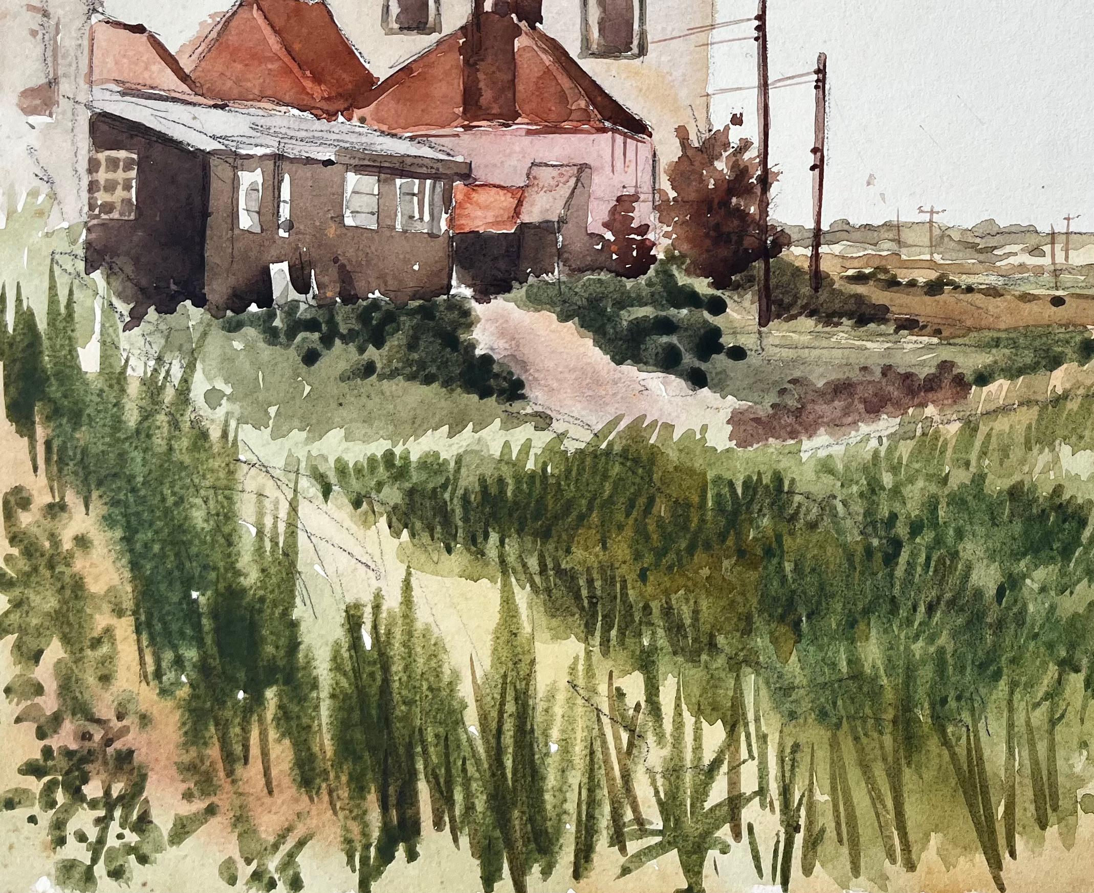 Britischer Dorfrand Häuser mit roten Dächern und ländlicher Weg Aquarell-Landschaft (Beige), Landscape Painting, von Anthony Herbert