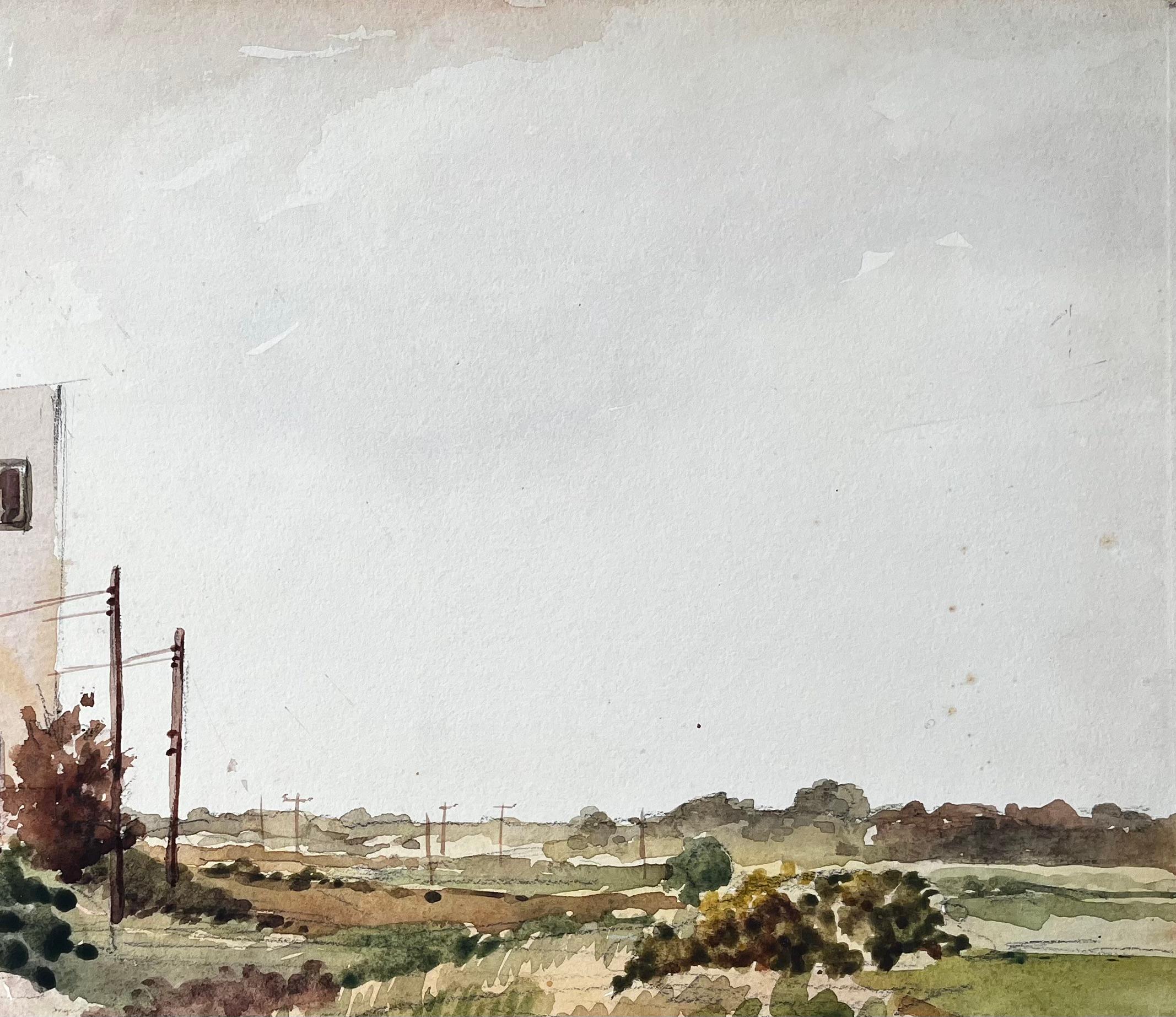 Britischer Dorfrand Häuser mit roten Dächern und ländlicher Weg Aquarell-Landschaft im Angebot 1