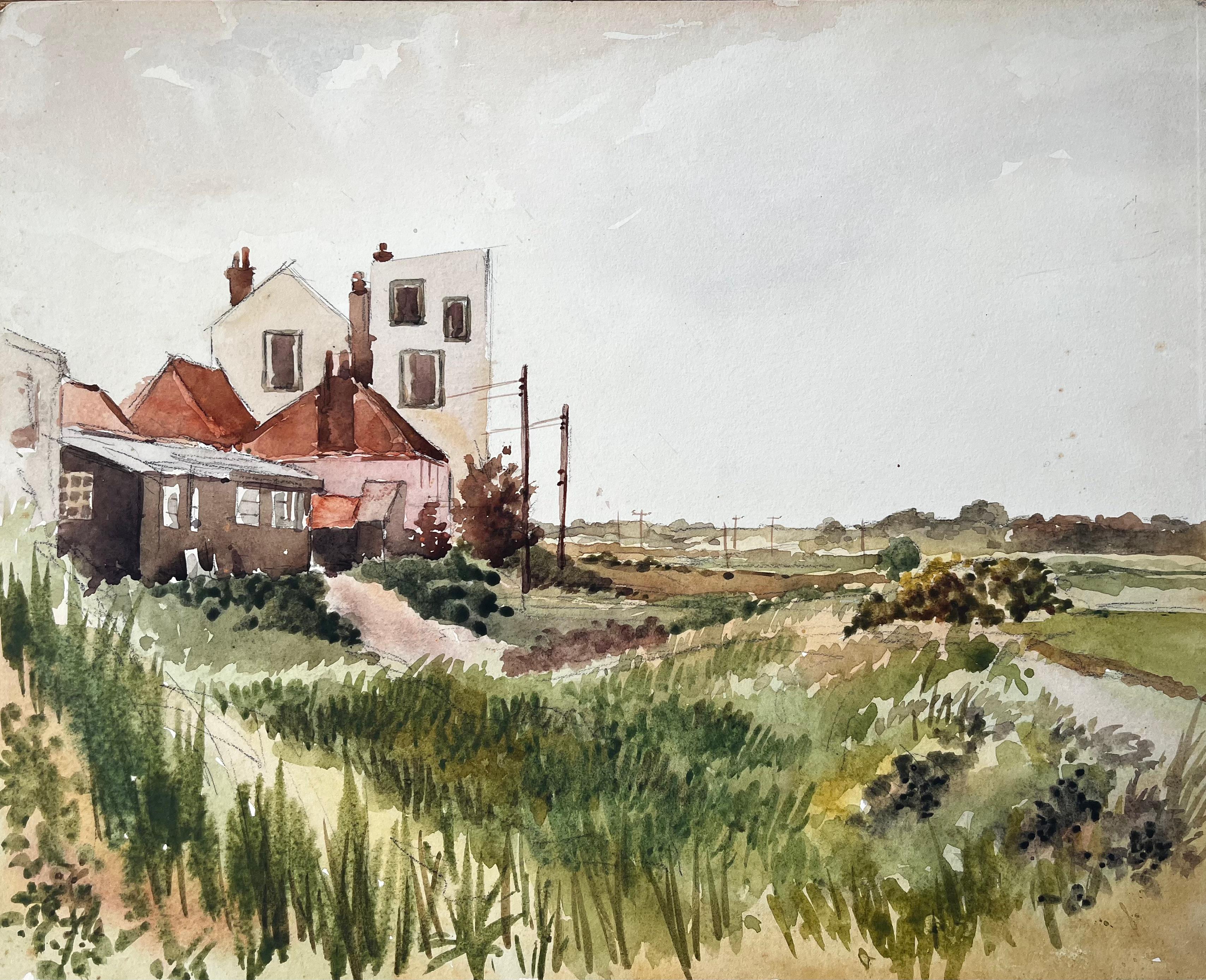 Anthony Herbert Landscape Painting – Britischer Dorfrand Häuser mit roten Dächern und ländlicher Weg Aquarell-Landschaft
