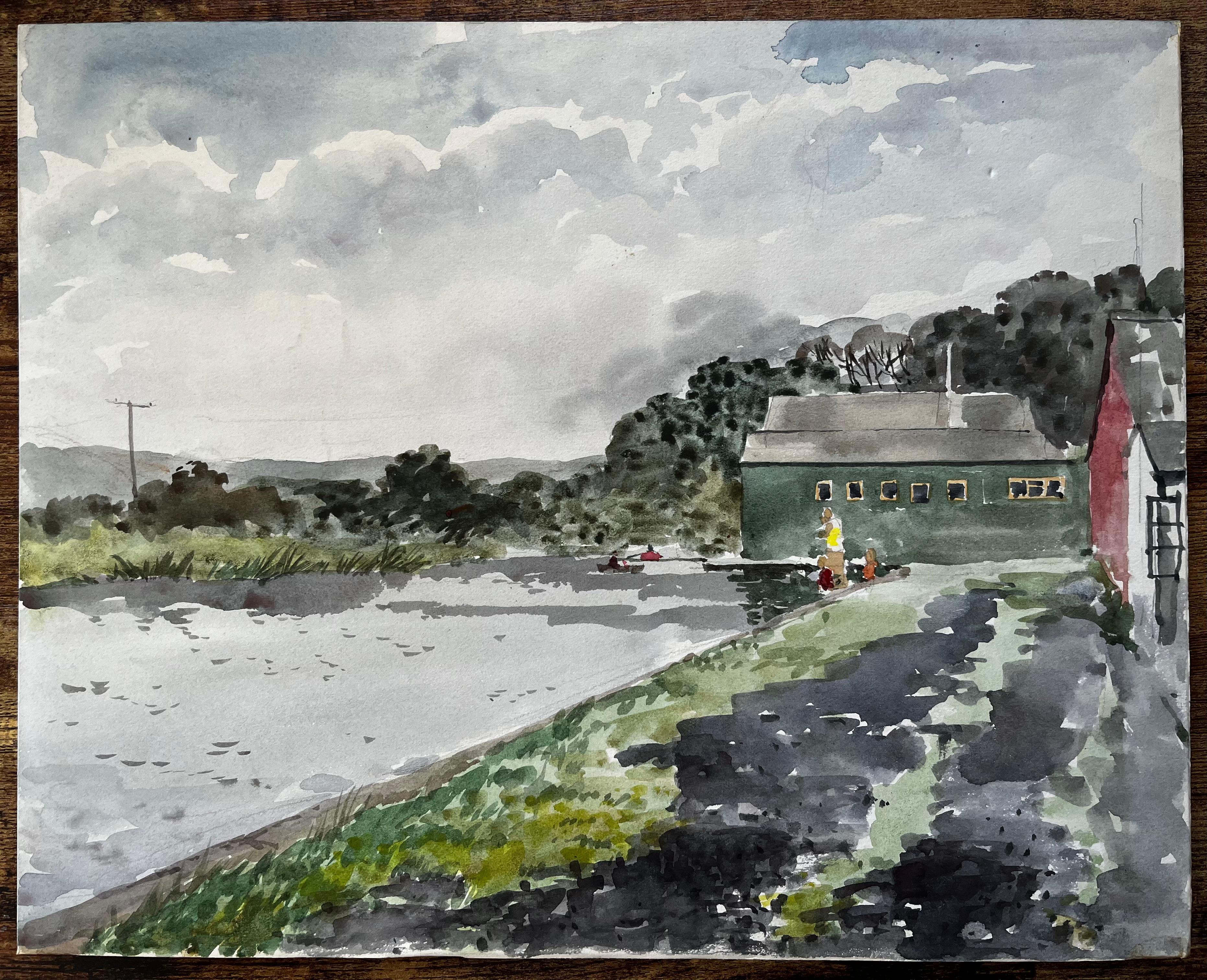 Bude Canal Cornwall Riverside Boathouse Scene Aquarell Landschaft 1978 – Painting von Anthony Herbert