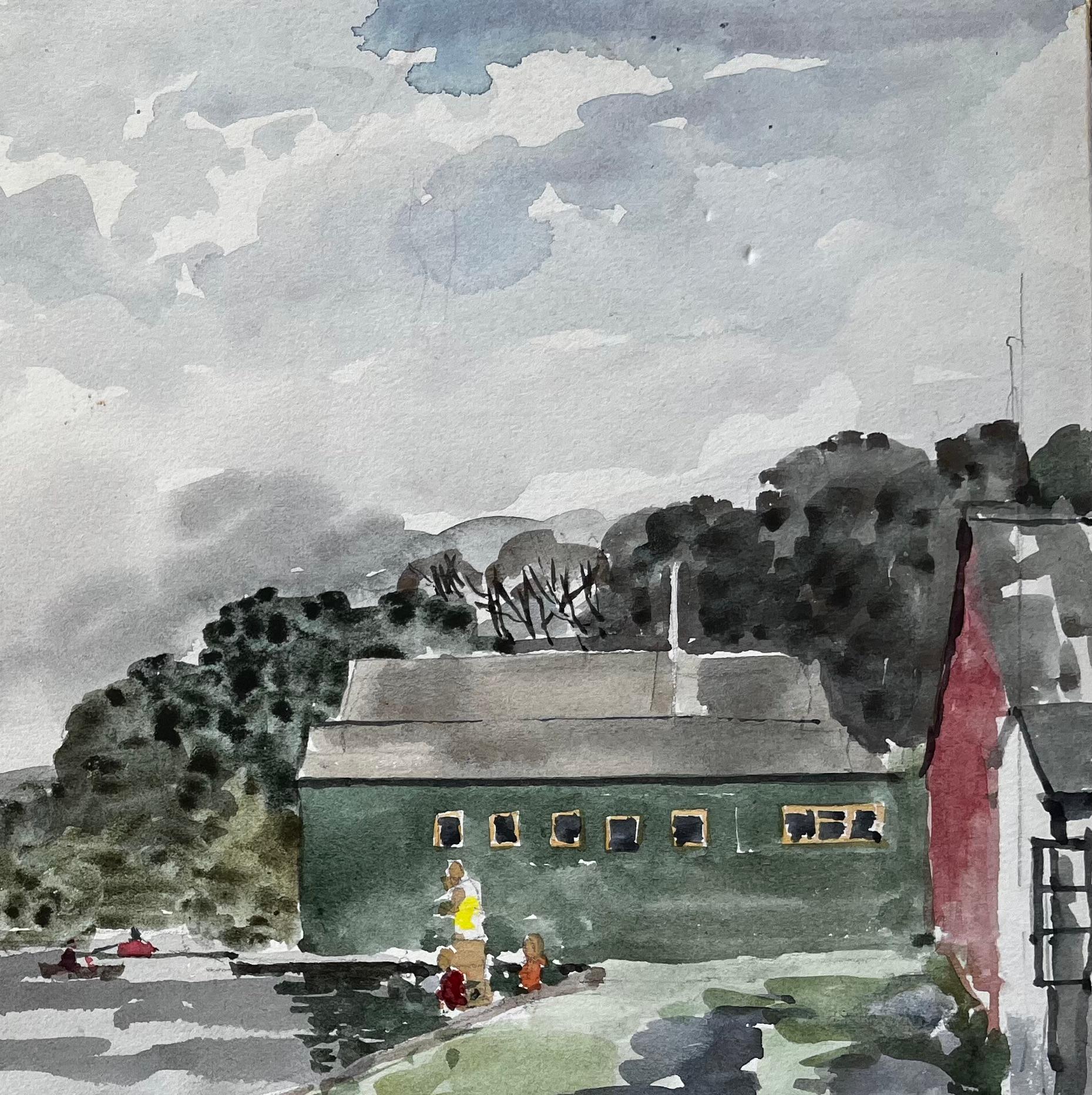 Bude Canal Cornwall Riverside Boathouse Scene Aquarell Landschaft 1978 (Impressionismus), Painting, von Anthony Herbert