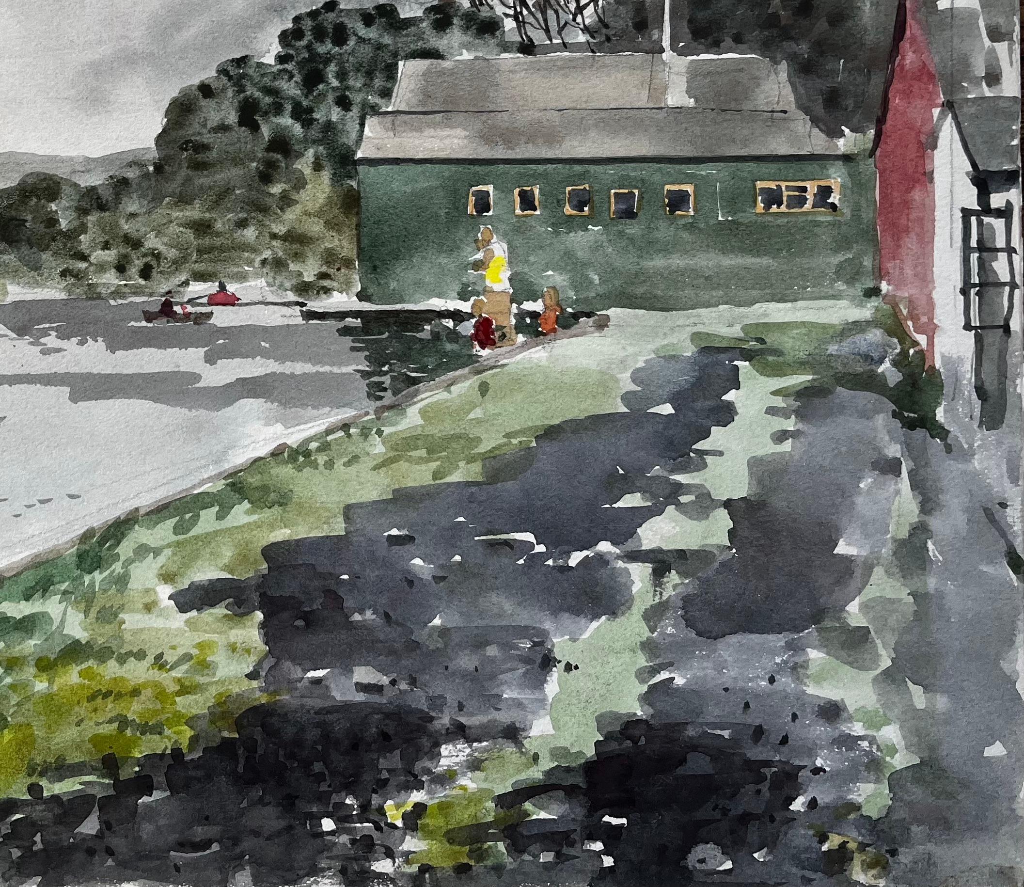Bude Canal Cornwall Riverside Boathouse Scene Aquarell Landschaft 1978 (Grau), Landscape Painting, von Anthony Herbert