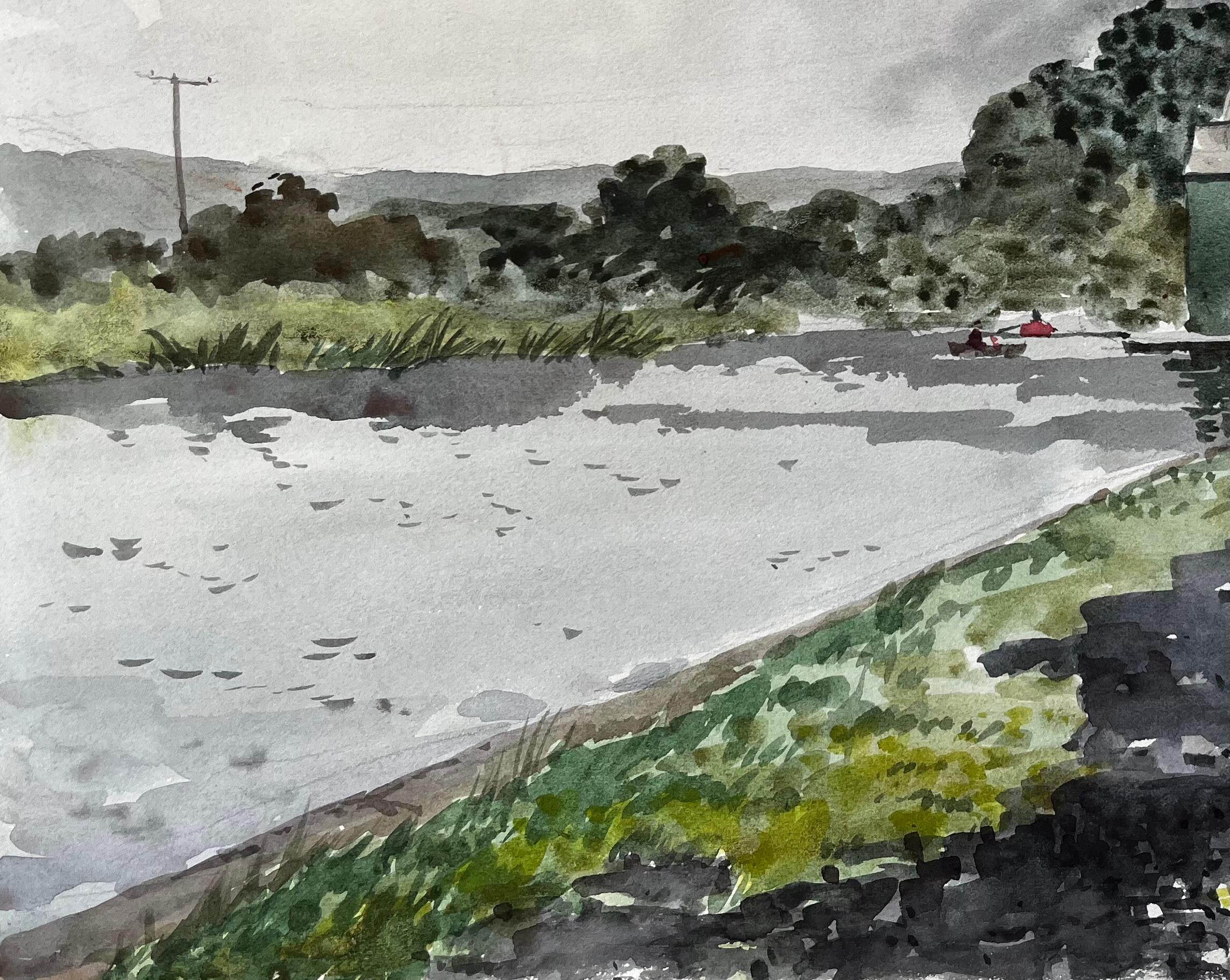 Bude Canal Cornwall Riverside Boathouse Scene Aquarell Landschaft 1978 im Angebot 1