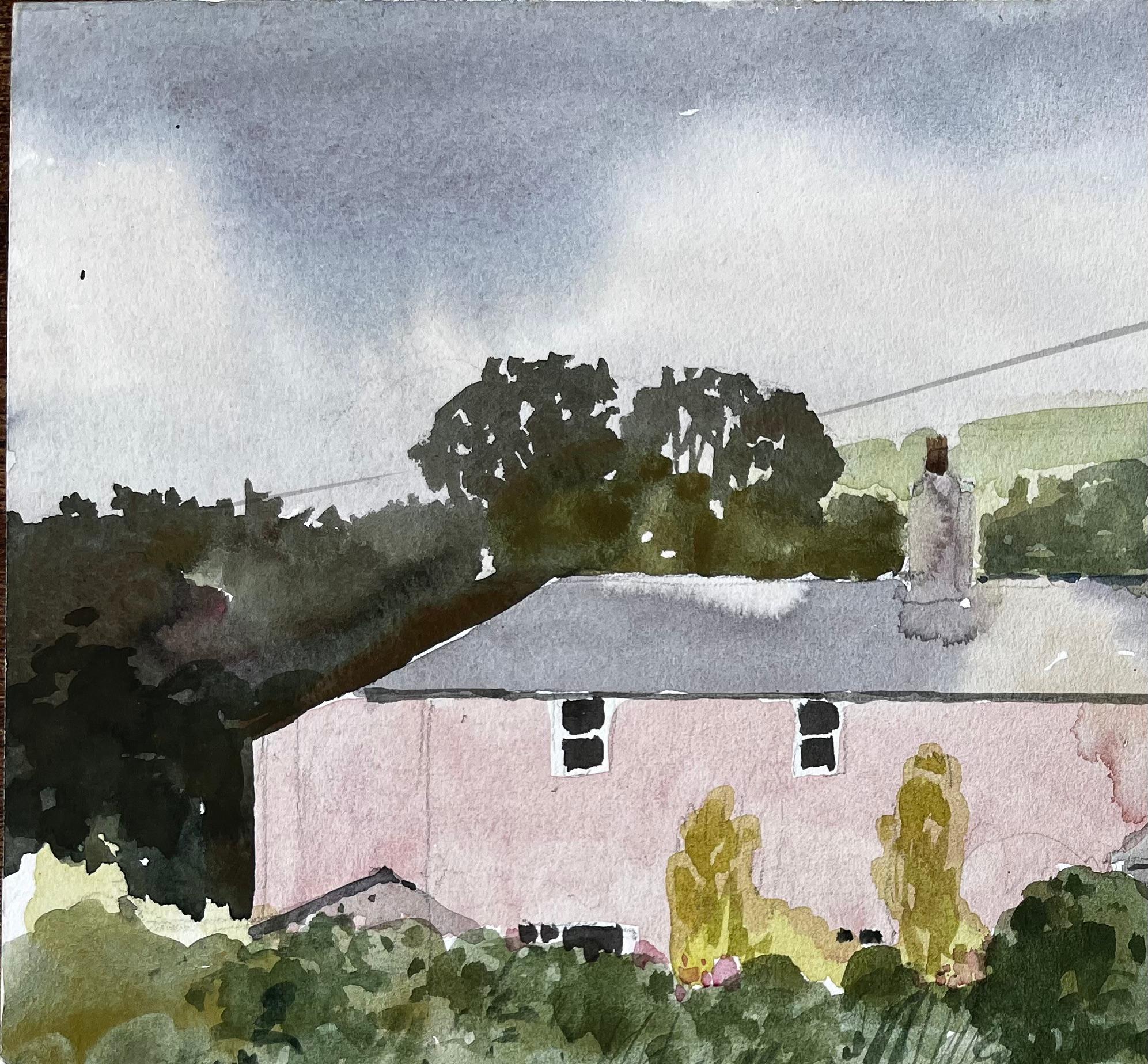 Bude Cornwall Pink House Paesaggio con alberi e giardino Acquerello 1978 - Art Impressionismo di Anthony Herbert