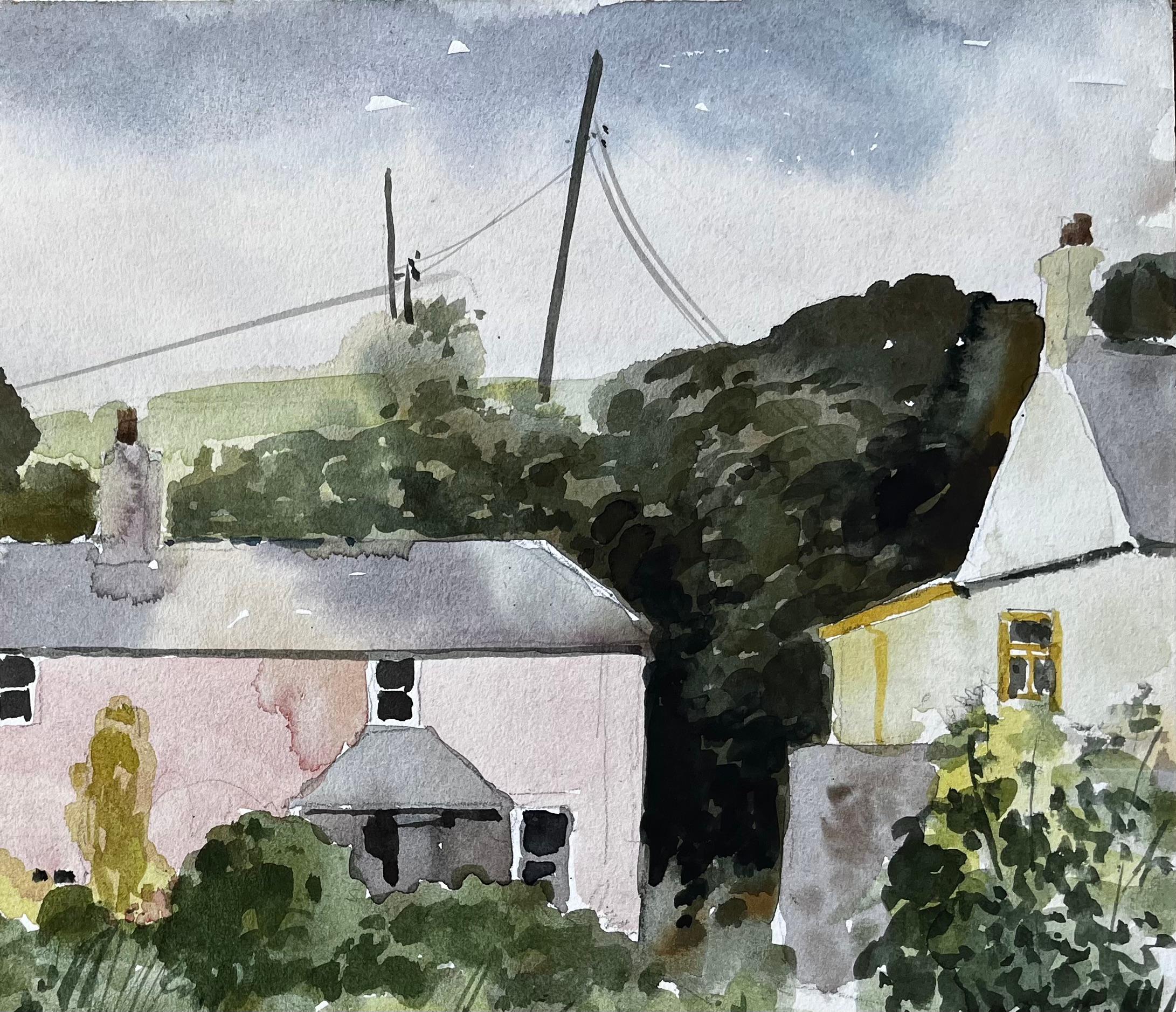 Bude Cornwall Pink House Paesaggio con alberi e giardino Acquerello 1978 - Landscape Art Grigio di Anthony Herbert