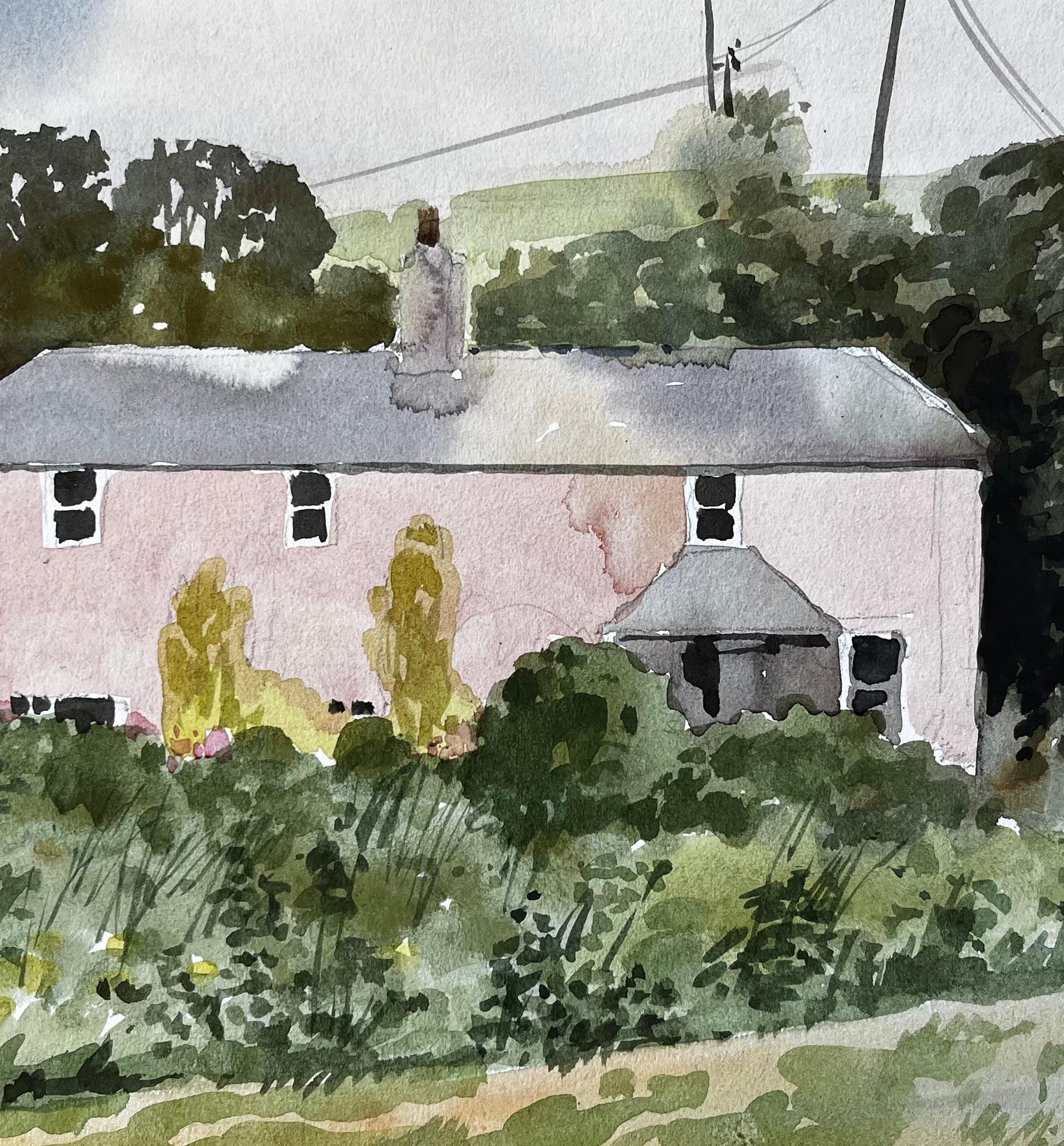Bude Cornwall Pink House Paesaggio con alberi e giardino Acquerello 1978 in vendita 1