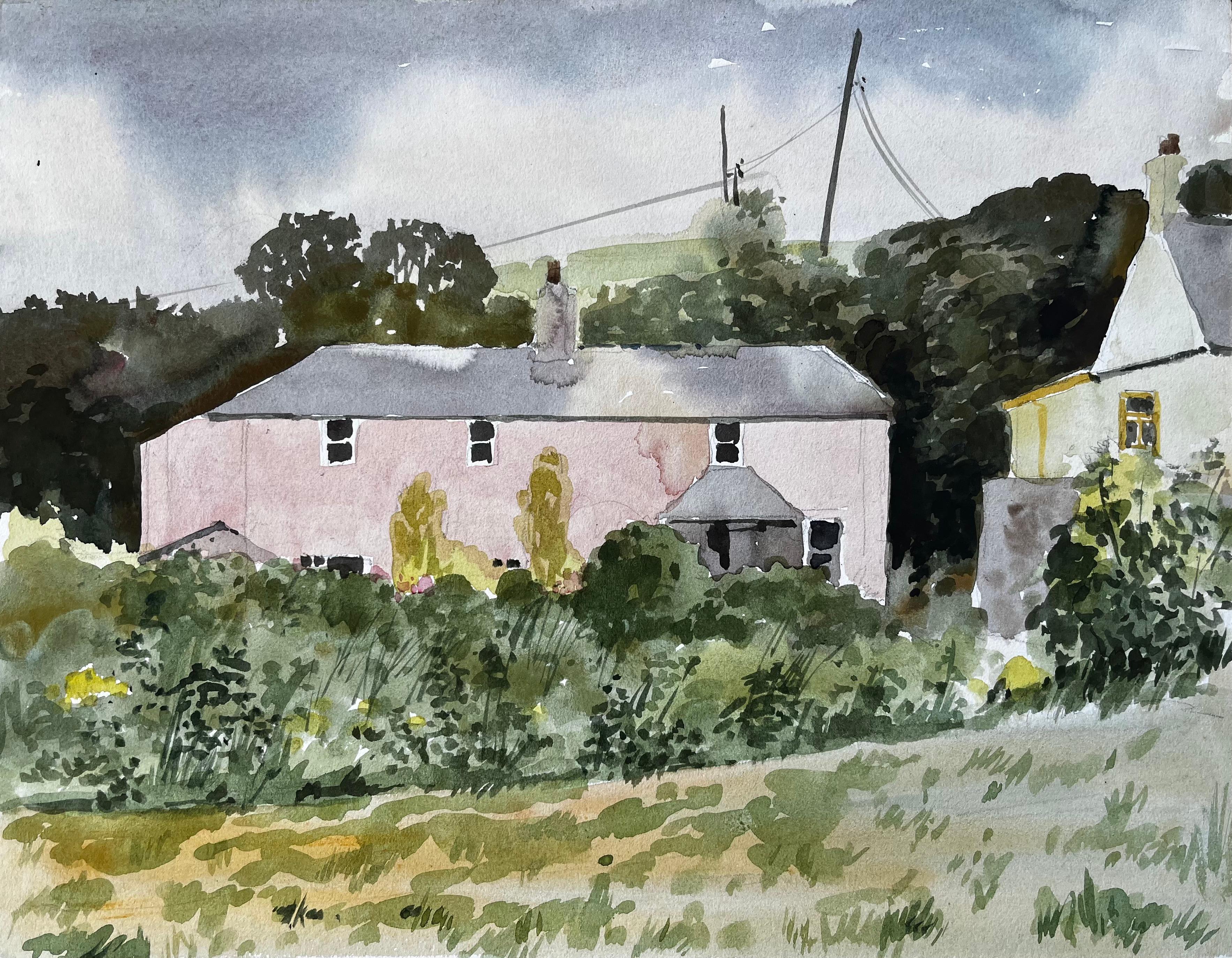 Bude Cornwall Pink House Landscape with Trees and Garden Watercolour 1978