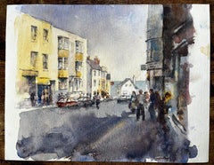 Busy High Street Scene with Figures Cars and Yellow Townhouses Watercolour