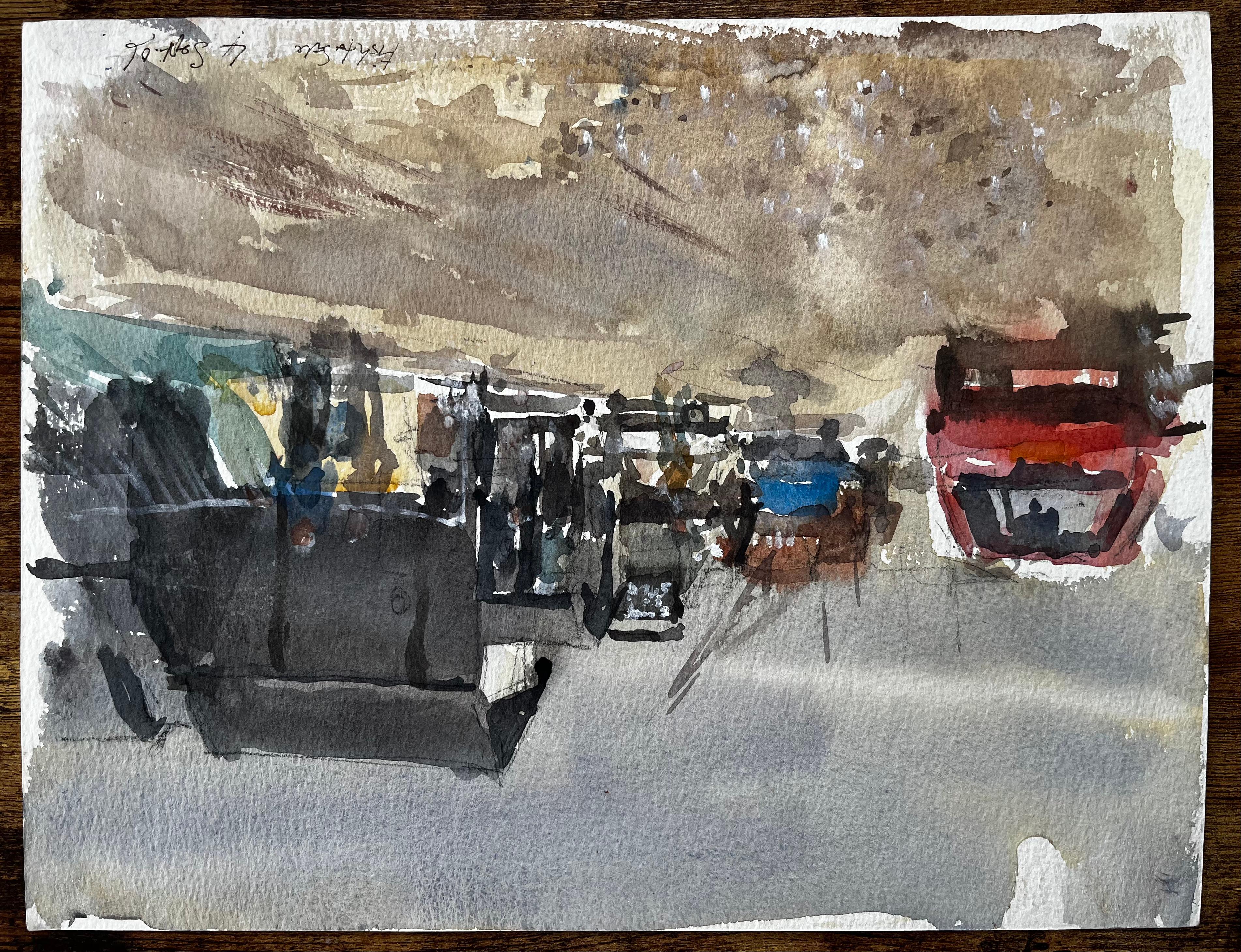 Belebte Hauptstraße mit Figuren Autos und gelben Stadthäusern Aquarell im Angebot 3