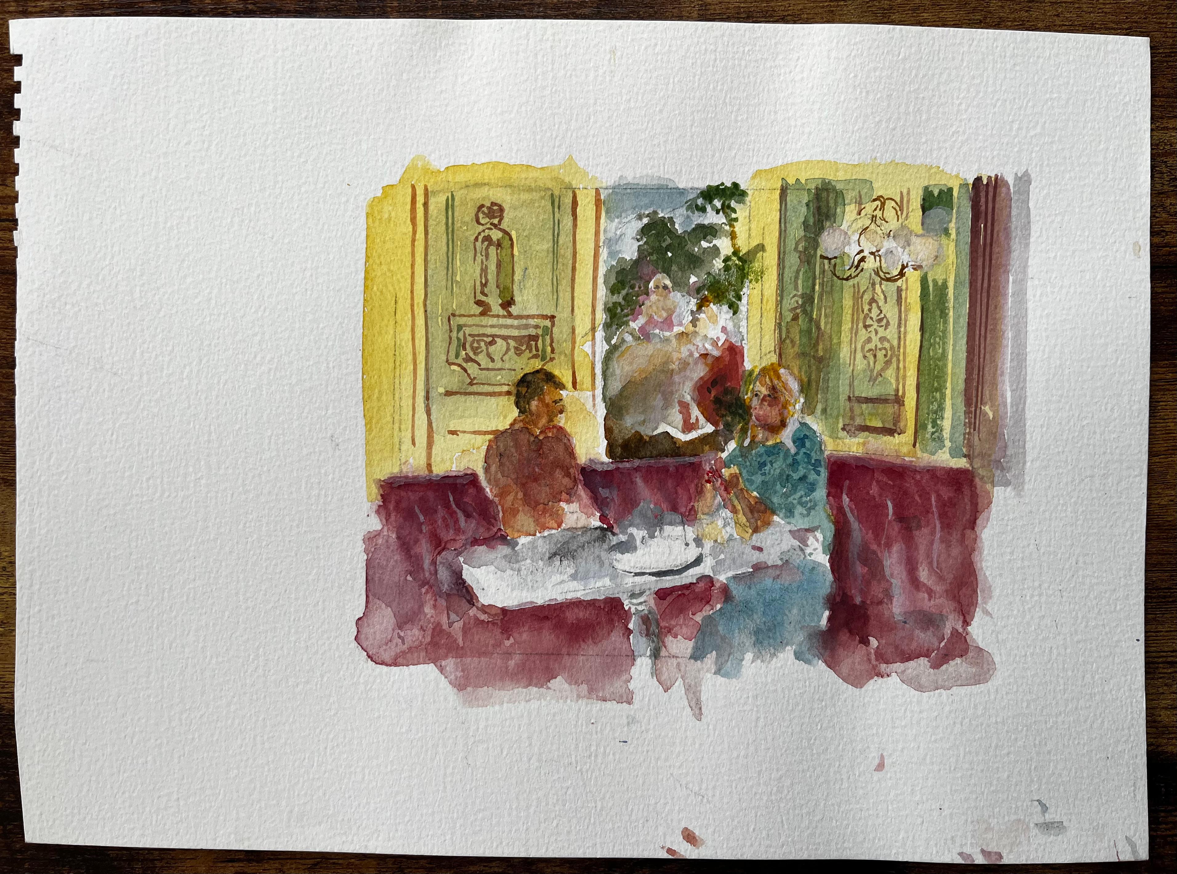 Café Interior with Man and Woman Seated Burgundy Banquette and Parisian Décor - Art by Anthony Herbert