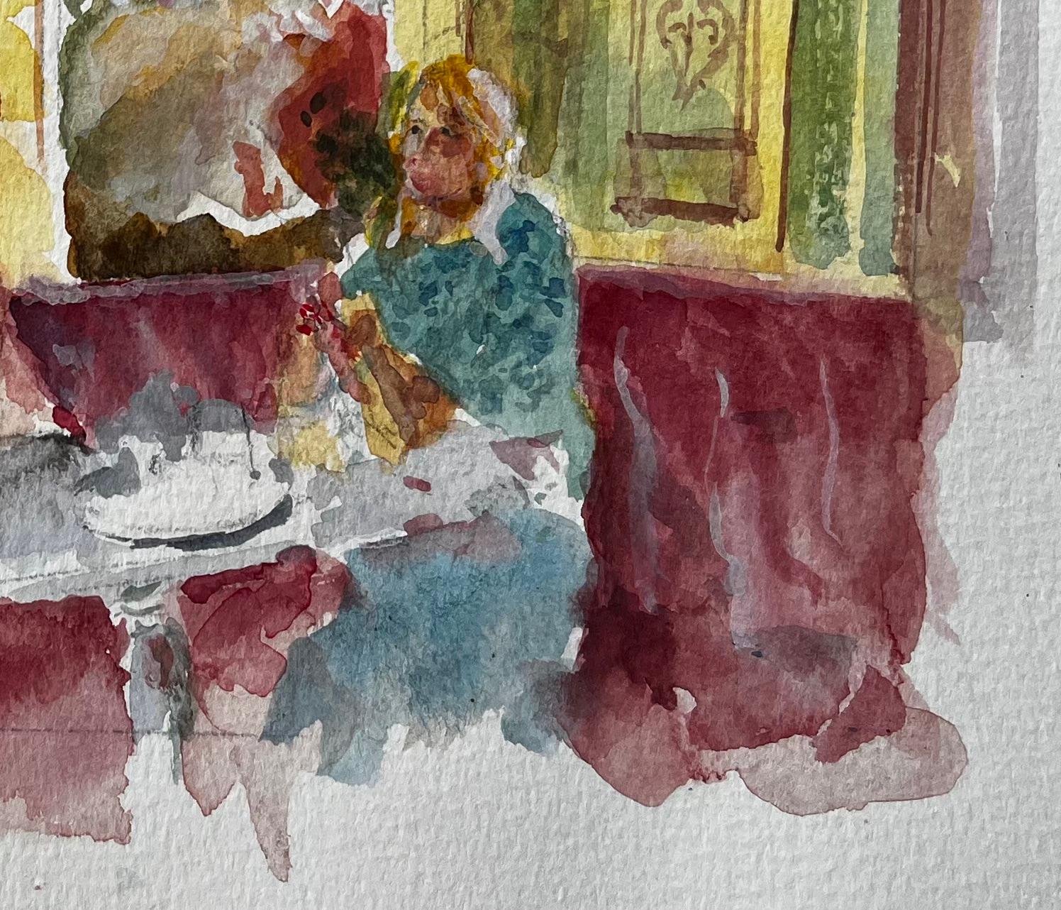 Café Interior with Man and Woman Seated Burgundy Banquette and Parisian Décor - Impressionist Art by Anthony Herbert