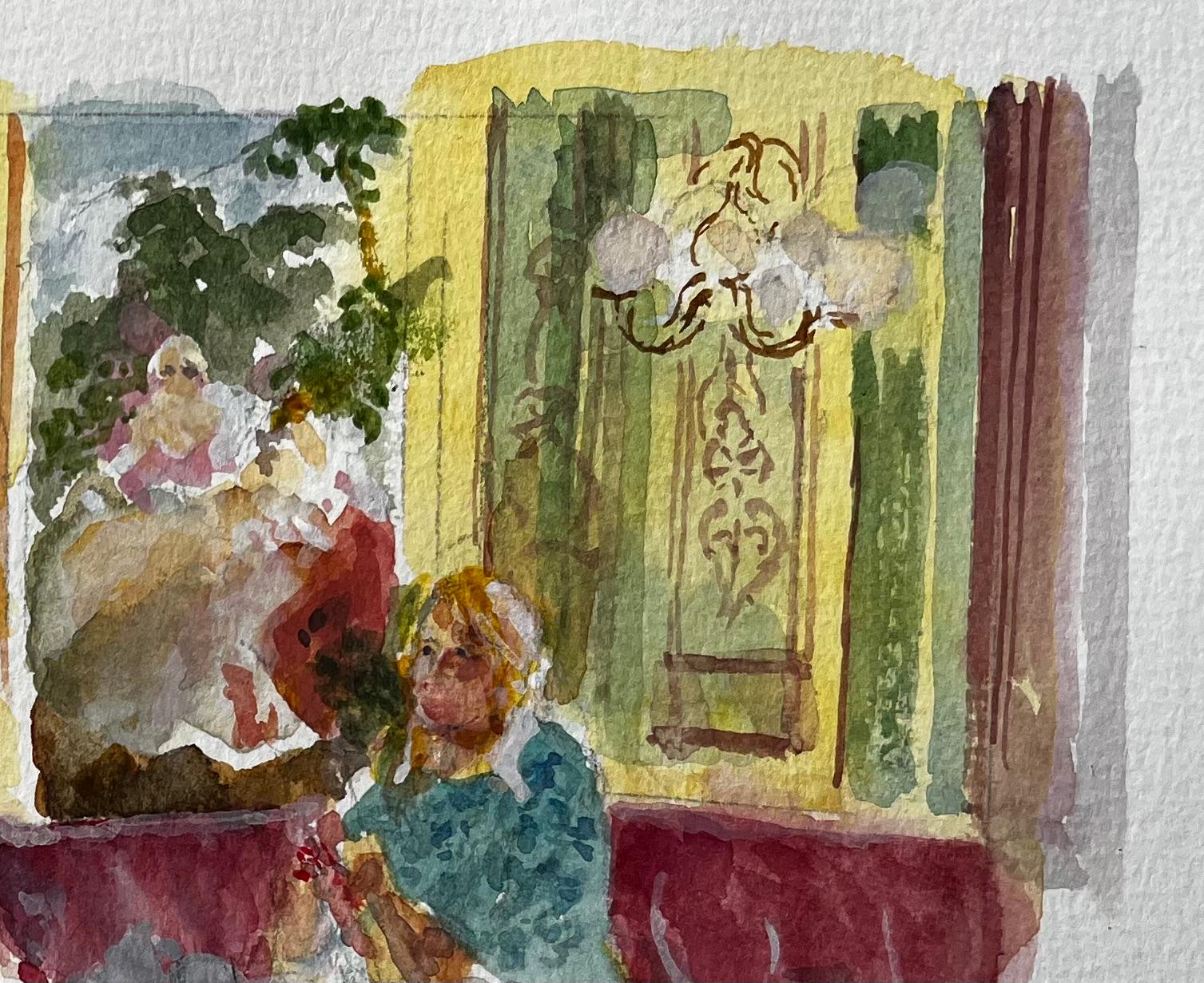 Café Interior with Man and Woman Seated Burgundy Banquette and Parisian Décor - Brown Landscape Art by Anthony Herbert