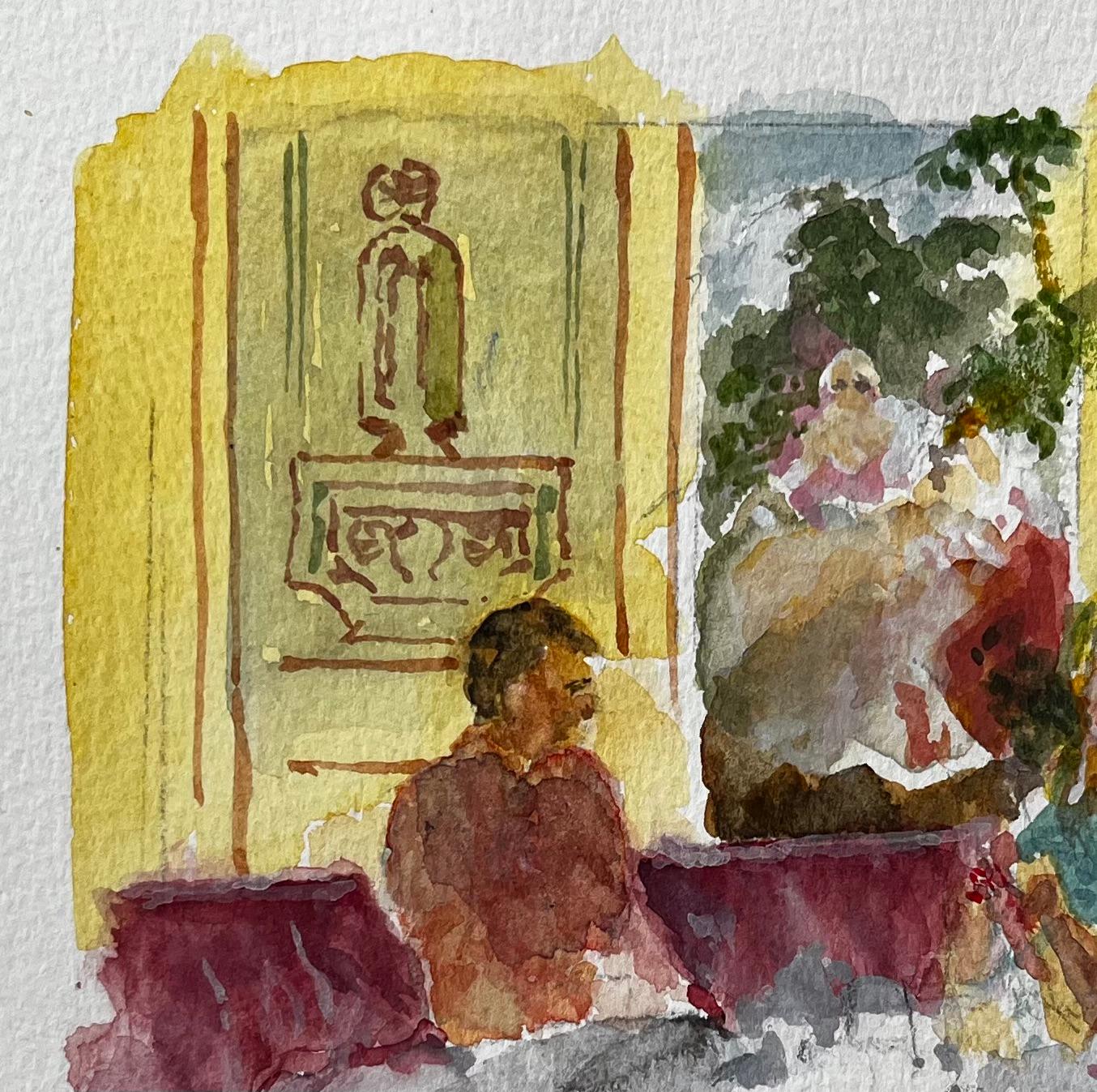 Café Interior with Man and Woman Seated Burgundy Banquette and Parisian Décor For Sale 1