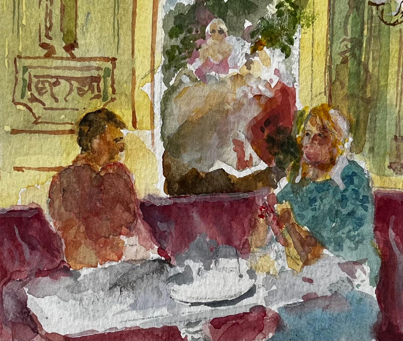 Café Interior with Man and Woman Seated Burgundy Banquette and Parisian Décor For Sale 2