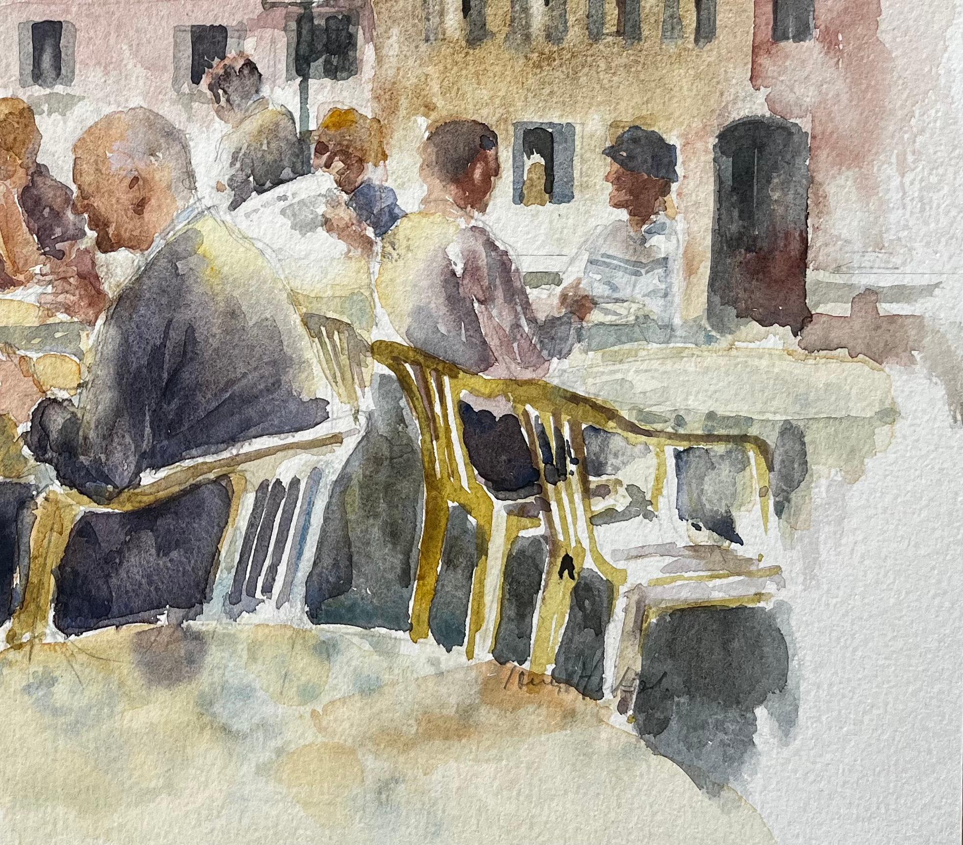 Cafe Szene in italienischen Piazza mit gelben gestreiften Markise und Diners (Impressionismus), Art, von Anthony Herbert