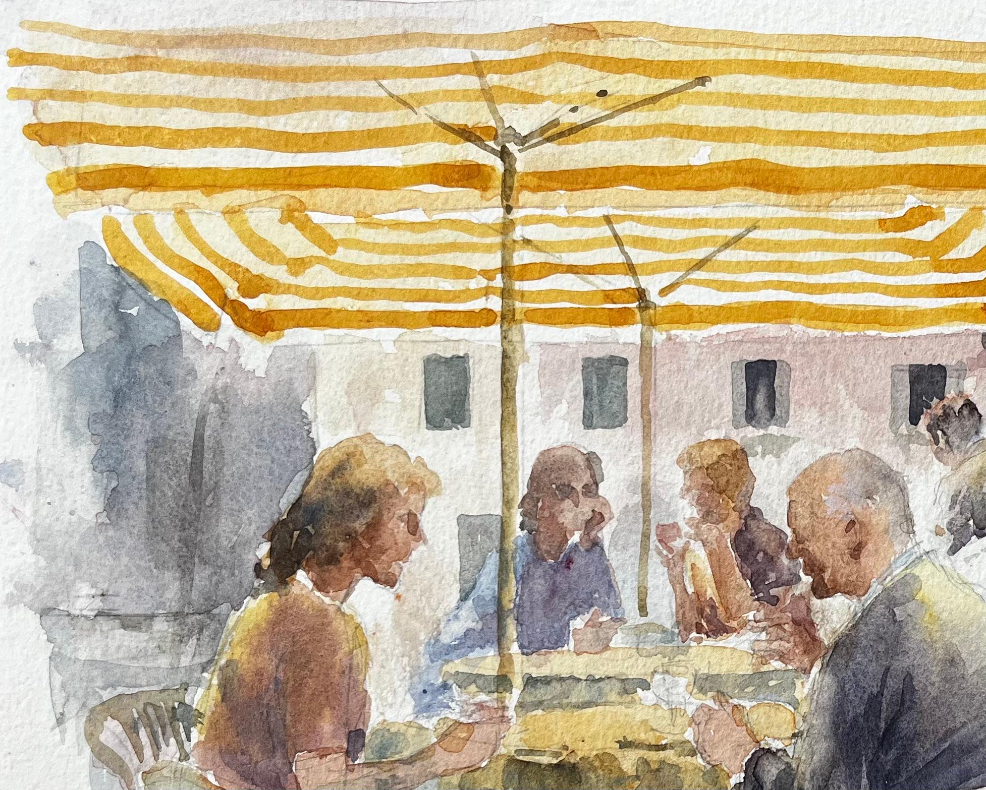 Titel: Cafe-Szene auf italienischer Piazza mit gelb gestreifter Markise und Gastronomen
Von Tony Herbert (1927-2024)
Medium: Aquarell auf Papier, ungerahmt
Größe: 11 Zoll (Höhe) x 15 Zoll (Breite)
Zustand: gut, einige altersbedingte