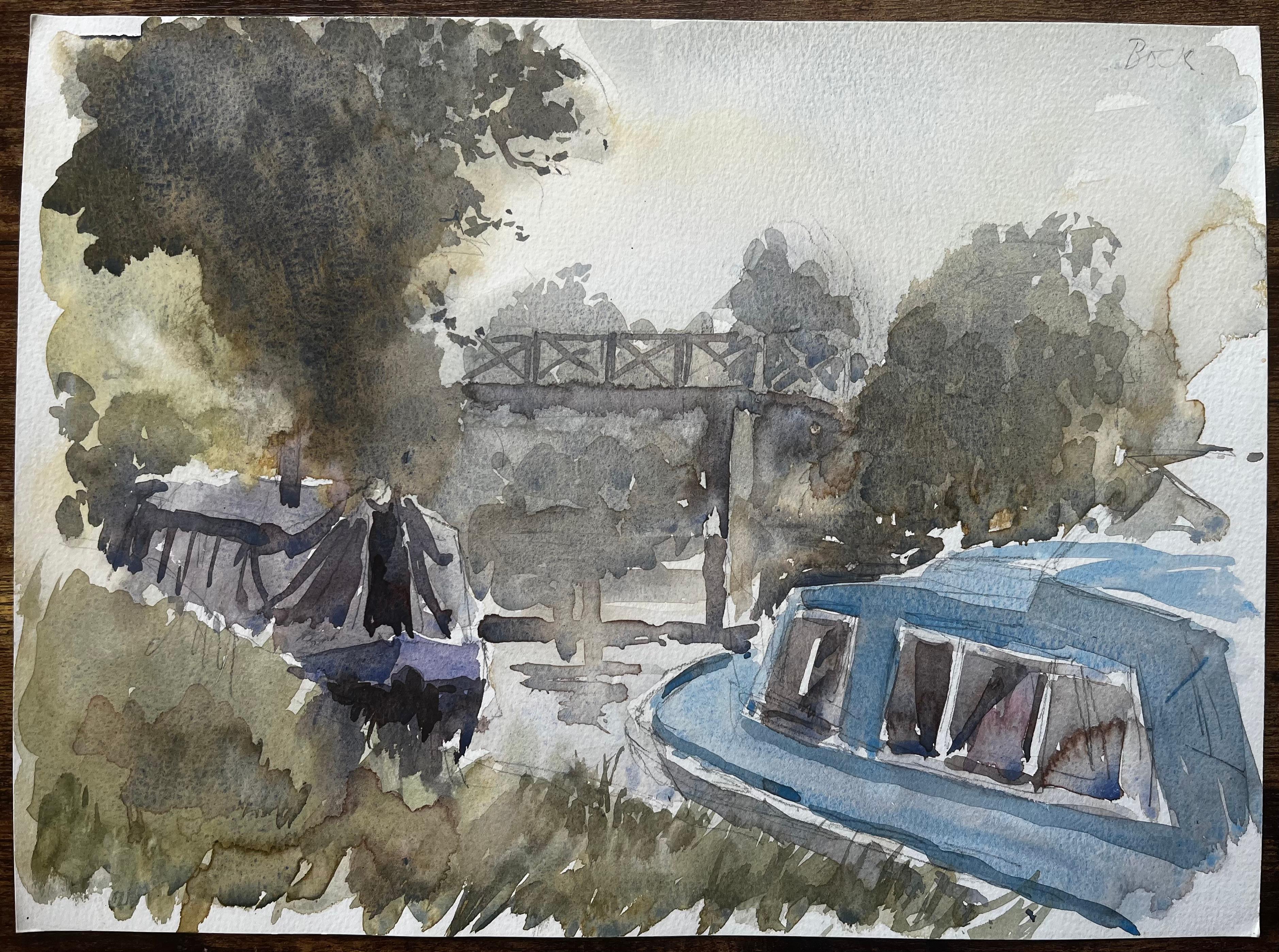 Caldon-Kanal mit Schmalschiffen, Fußgängerbrücke und Bäumen, Staffordshire, 1997 – Art von Anthony Herbert