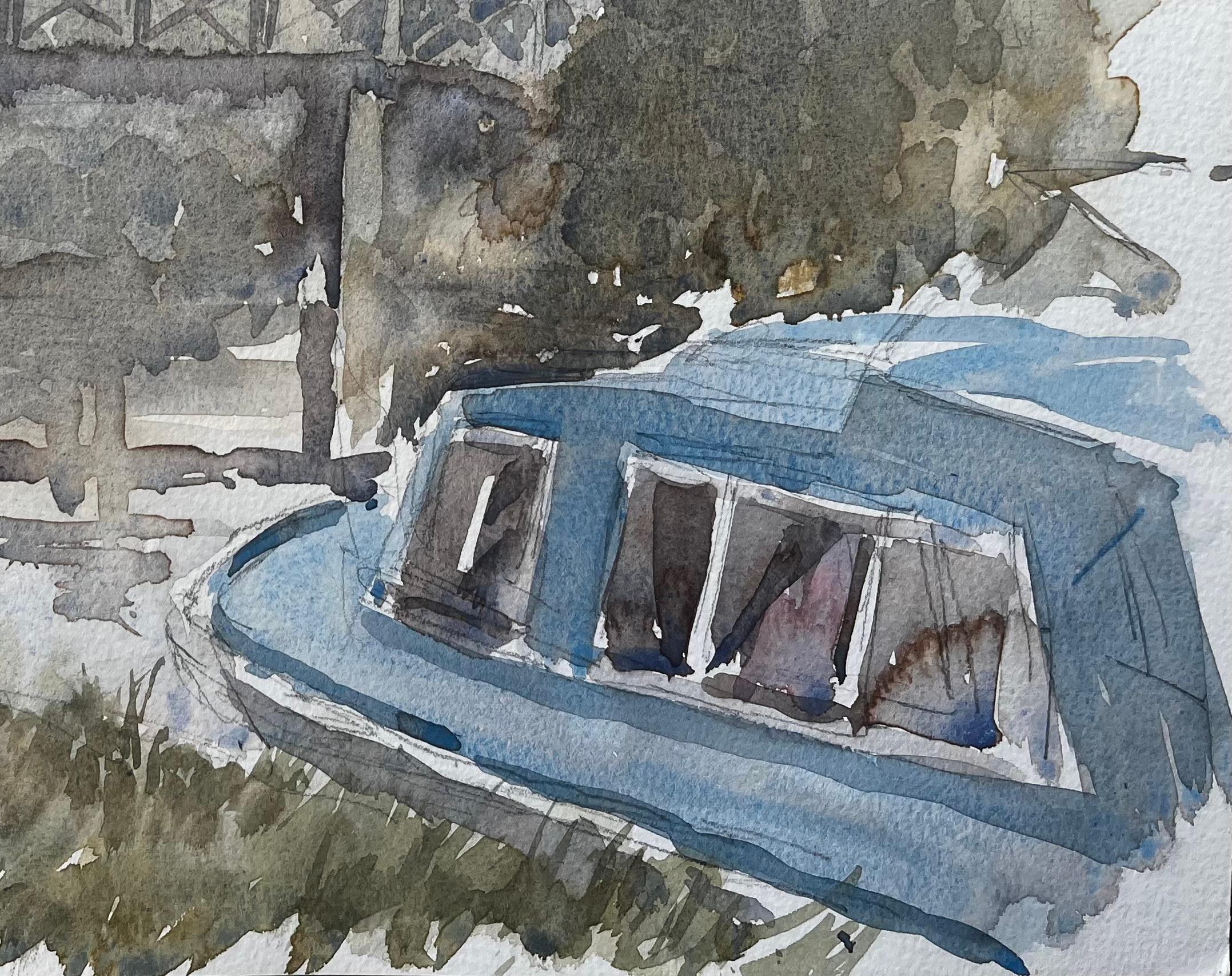 Caldon-Kanal mit Schmalschiffen, Fußgängerbrücke und Bäumen, Staffordshire, 1997 (Impressionismus), Art, von Anthony Herbert