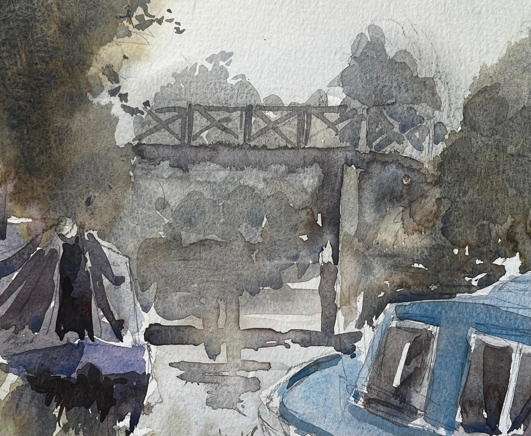 Caldon-Kanal mit Schmalschiffen, Fußgängerbrücke und Bäumen, Staffordshire, 1997 im Angebot 2