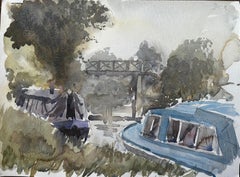 Caldon-Kanal mit Schmalschiffen, Fußgängerbrücke und Bäumen, Staffordshire, 1997