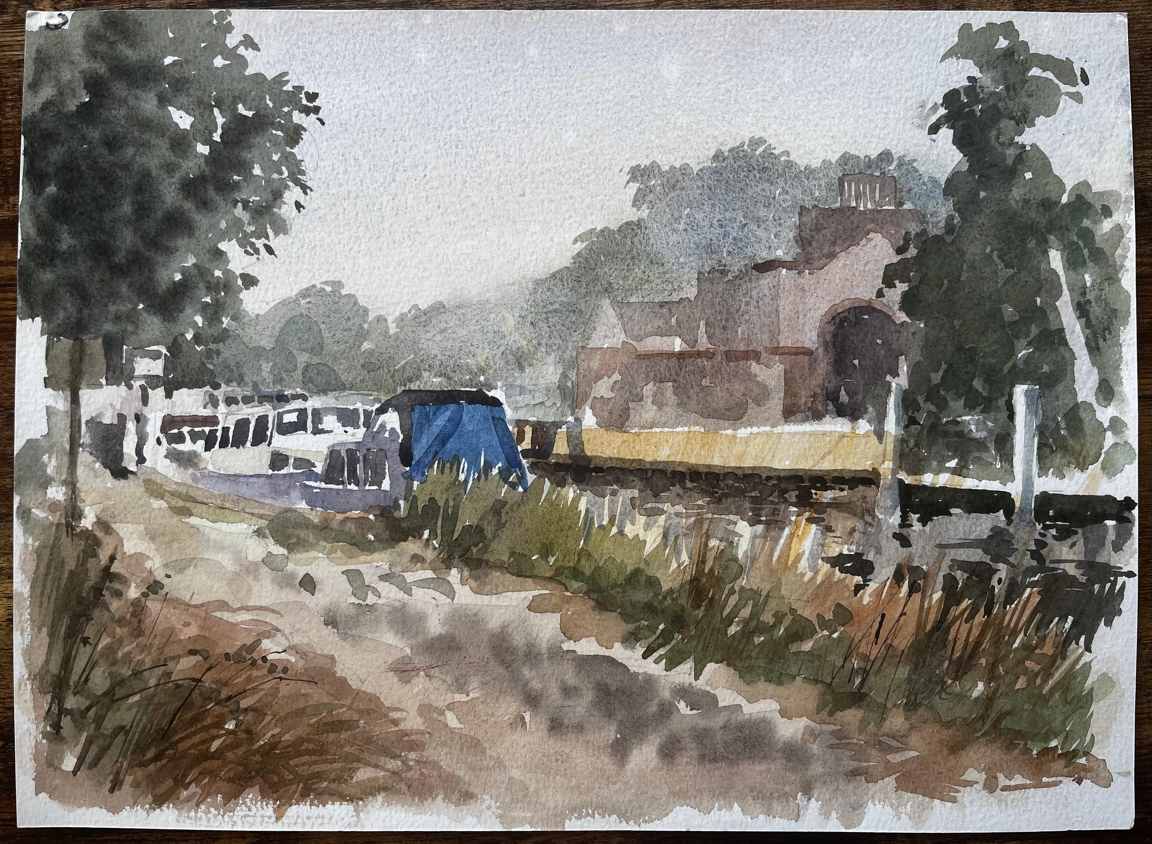 Kanalboote bei der Boveney-Schleuse Windsor im Sommerlicht Aquarell 1995 – Art von Anthony Herbert