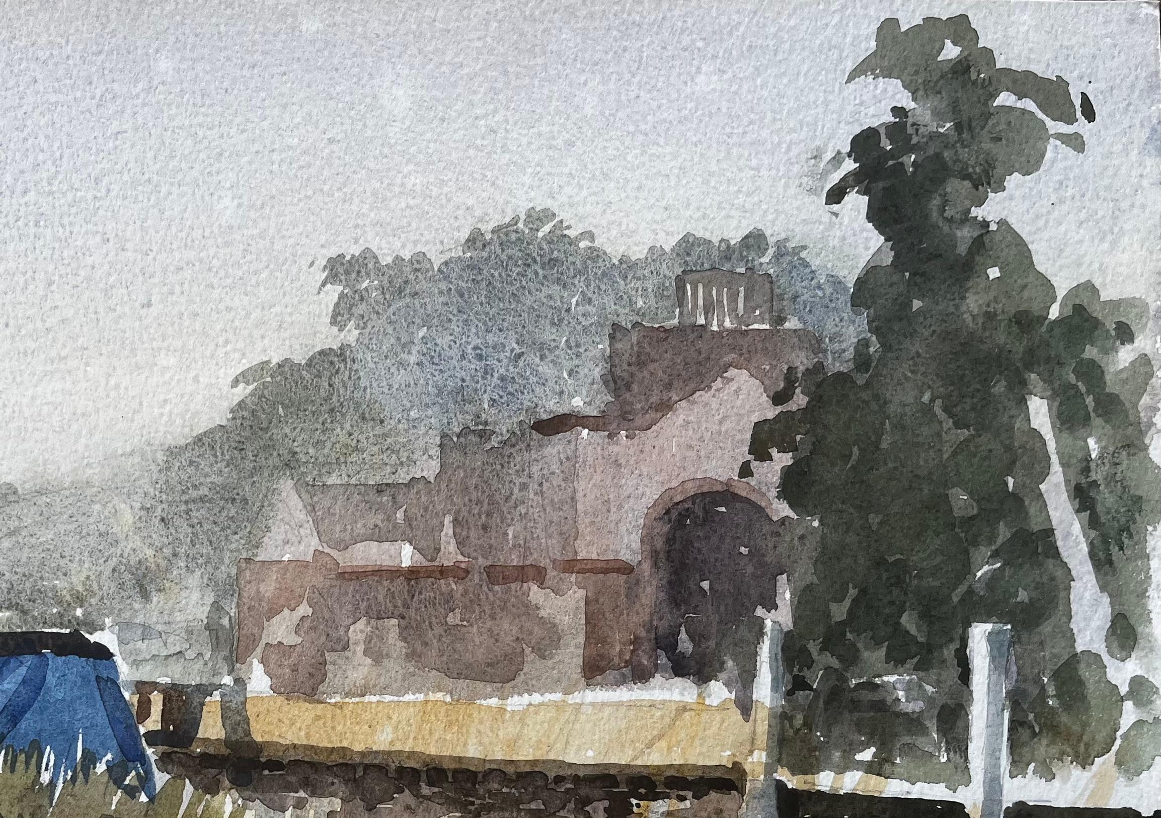 Kanalboote bei der Boveney-Schleuse Windsor im Sommerlicht Aquarell 1995 (Grau), Landscape Art, von Anthony Herbert