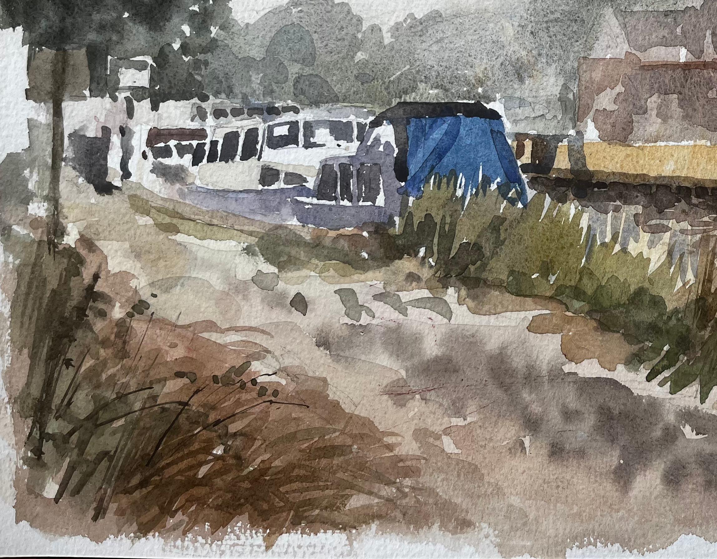 Kanalboote bei der Boveney-Schleuse Windsor im Sommerlicht Aquarell 1995 im Angebot 1