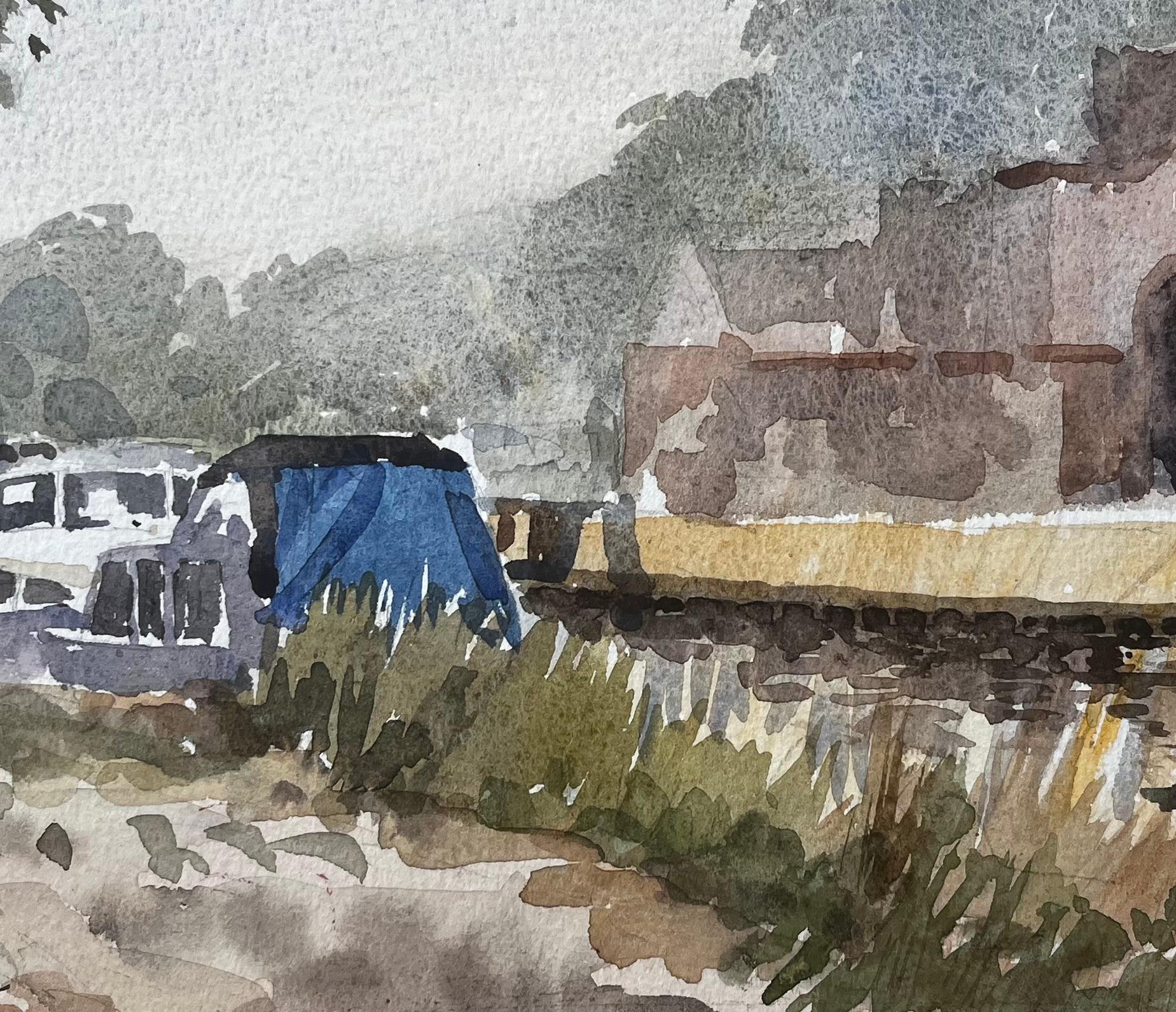 Kanalboote bei der Boveney-Schleuse Windsor im Sommerlicht Aquarell 1995 im Angebot 2